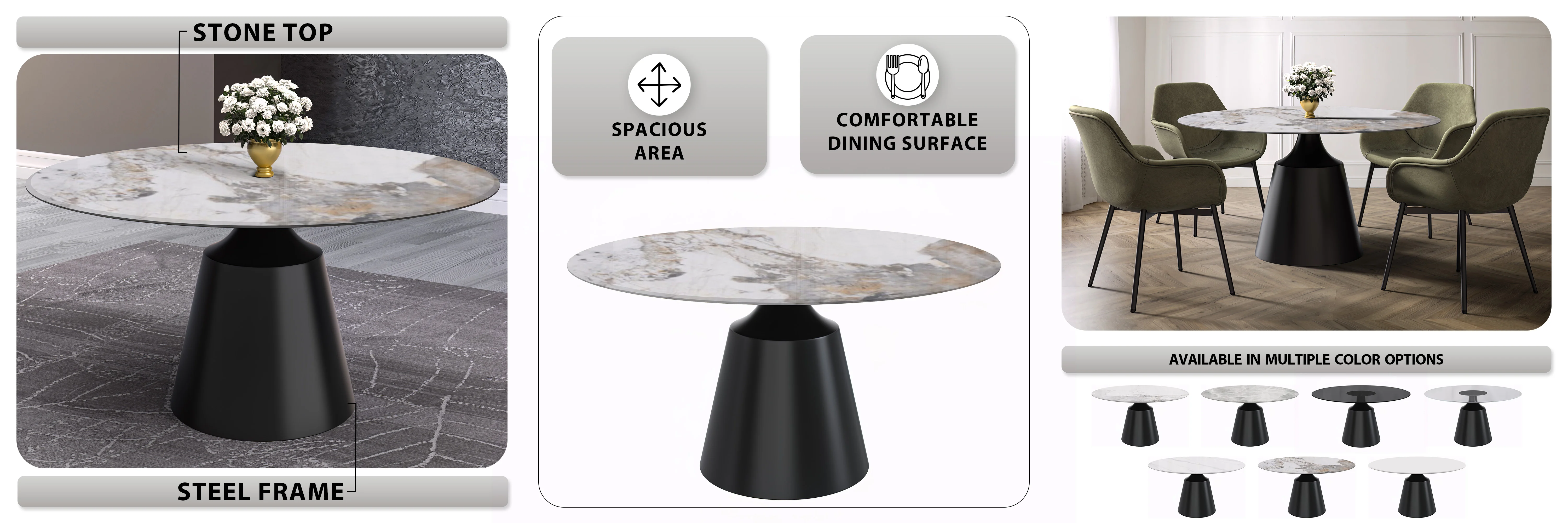 Prynn Series Round Dining Table Black Base with 60 Round Medium Grey Sintered Stone Top