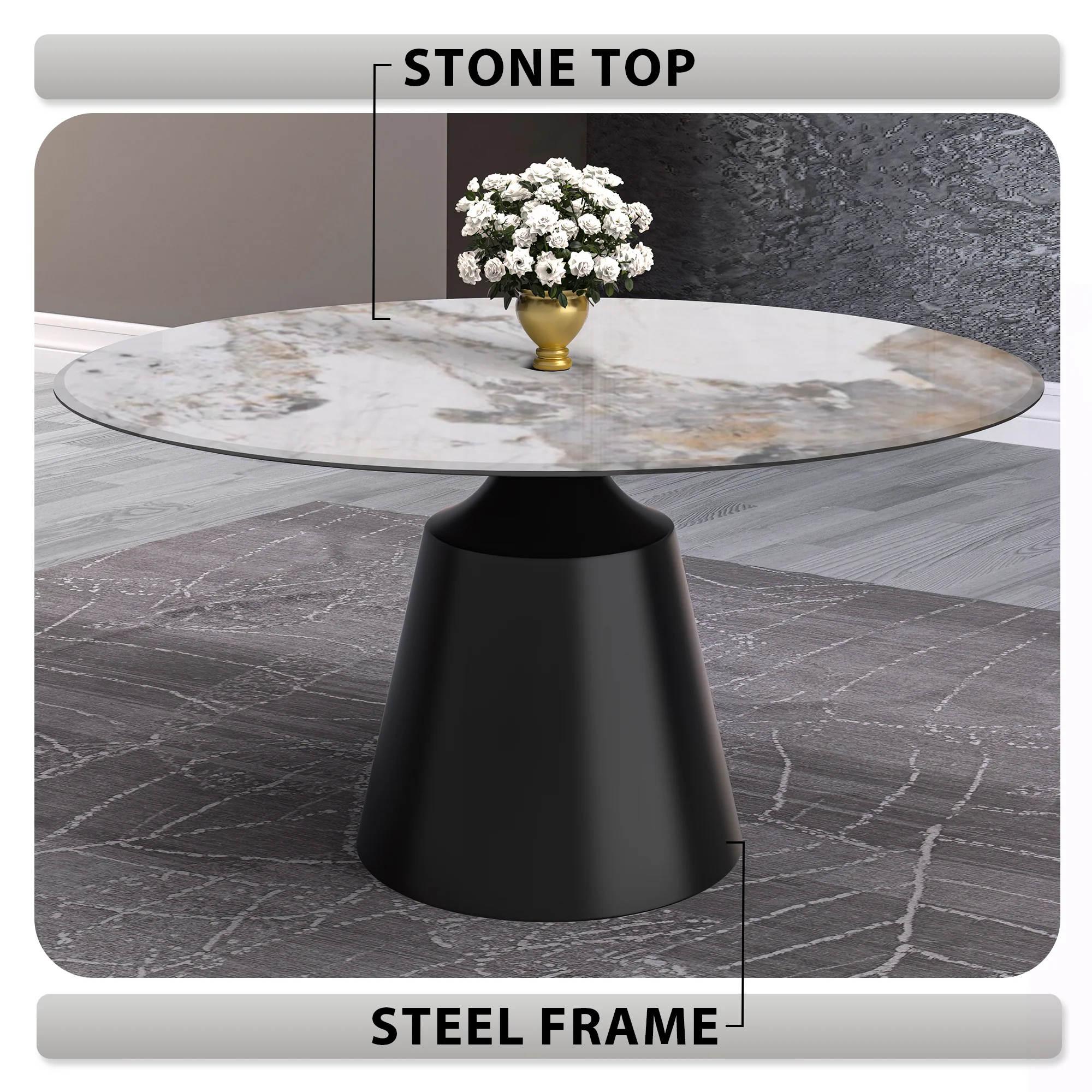 Prynn Series Round Dining Table Black Base with 60 Round Medium Grey Sintered Stone Top