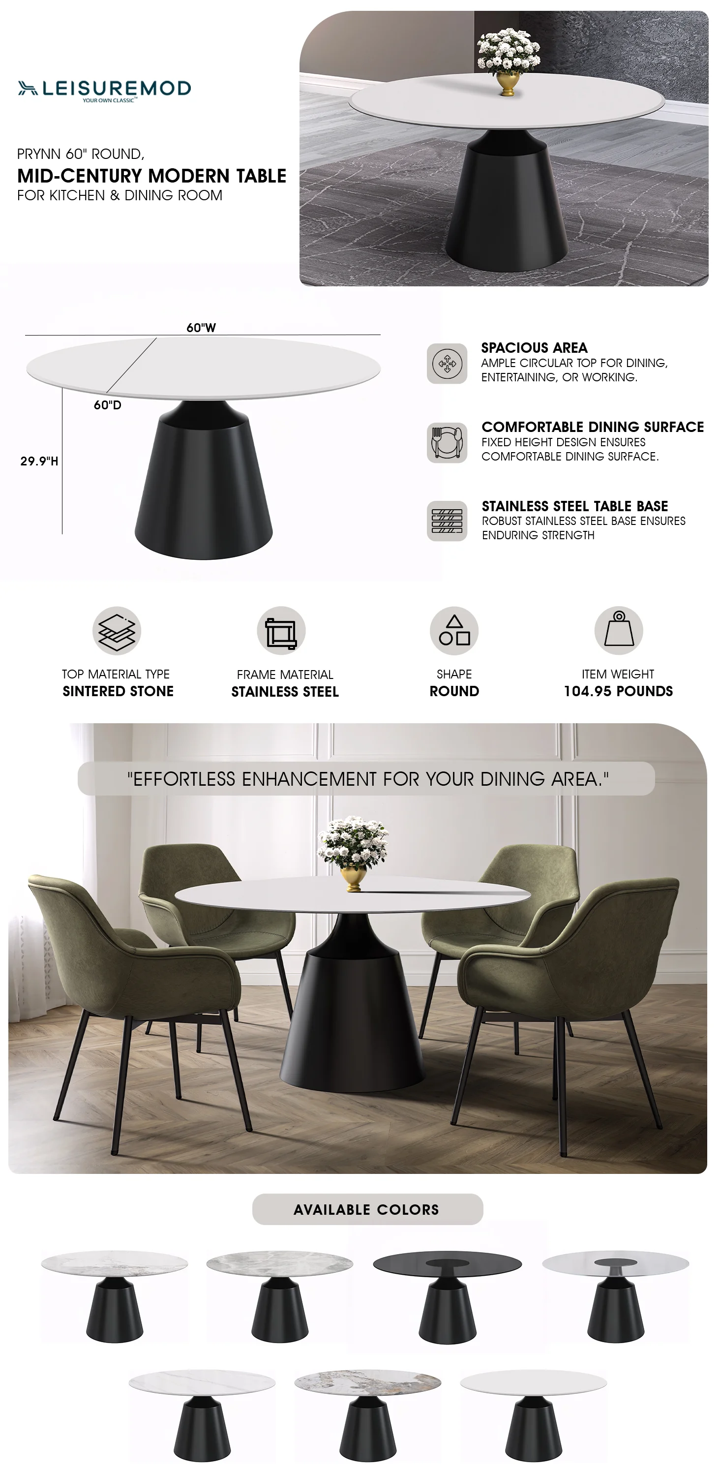 Prynn Series Round Dining Table Black Base with 60 Round Solid White Sintered Stone Top