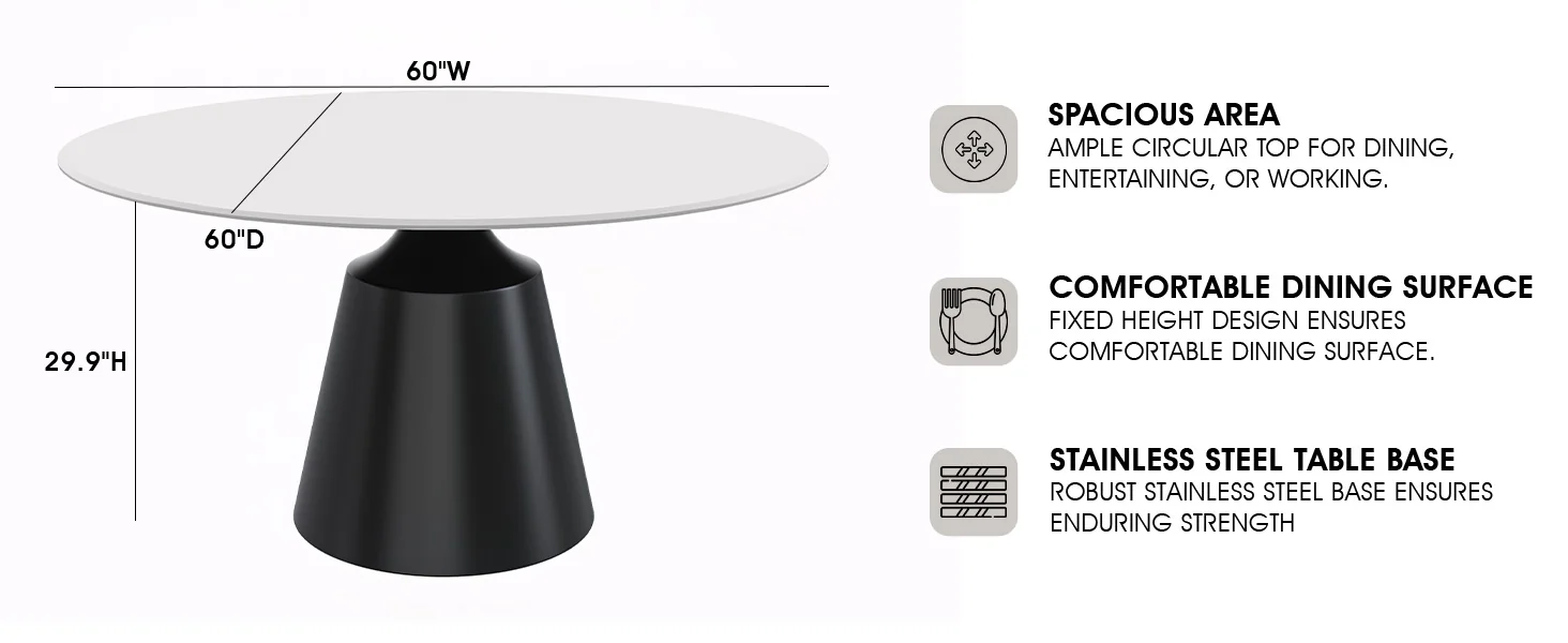 Prynn Series Round Dining Table Black Base with 60 Round Solid White Sintered Stone Top