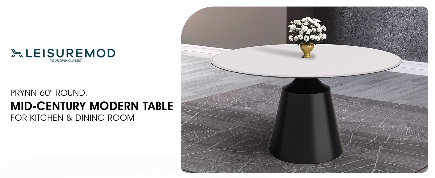 Prynn Series Round Dining Table Black Base with 60 Round Solid White Sintered Stone Top