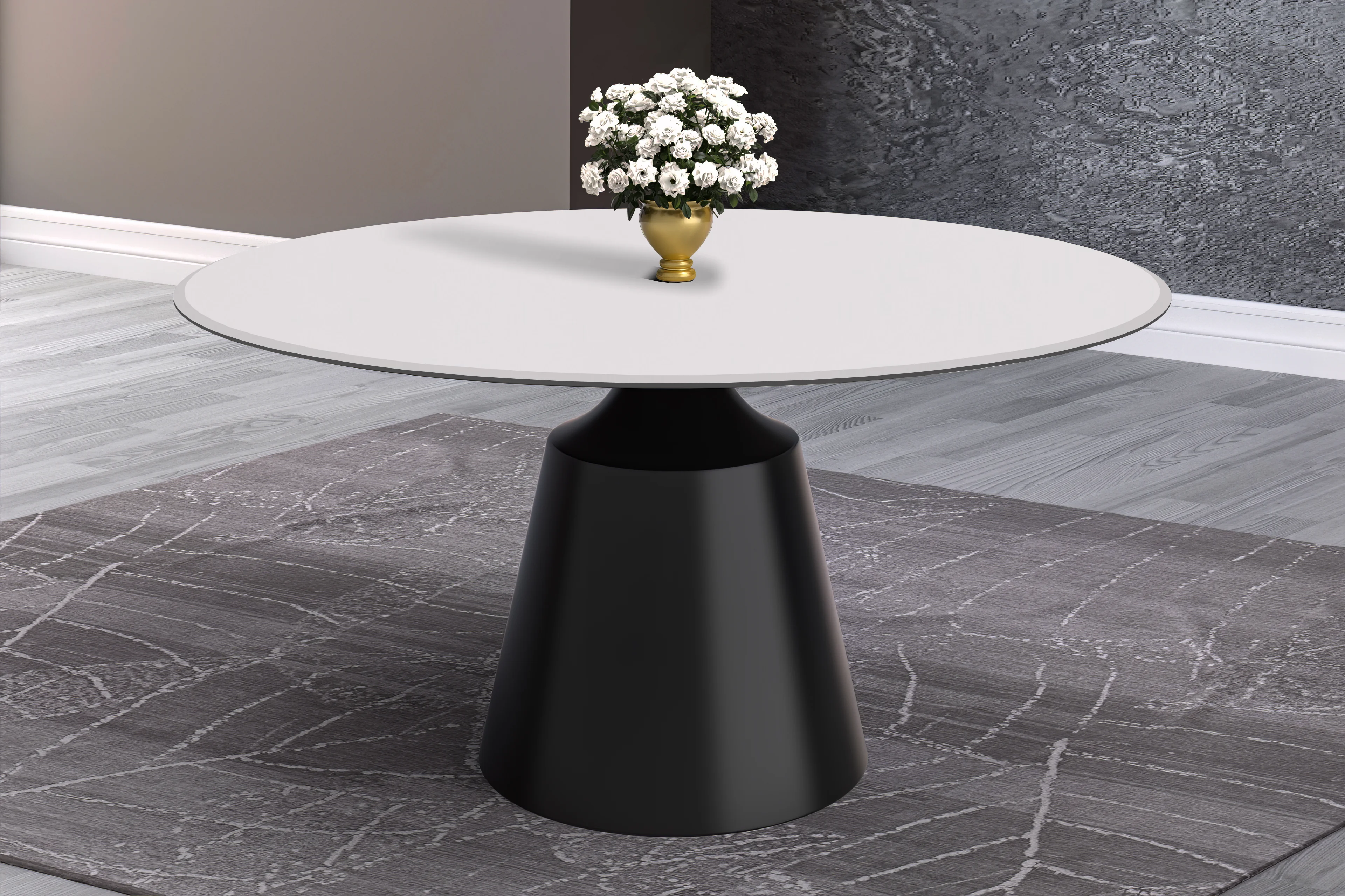 Prynn Series Round Dining Table Black Base with 60 Round Solid White Sintered Stone Top