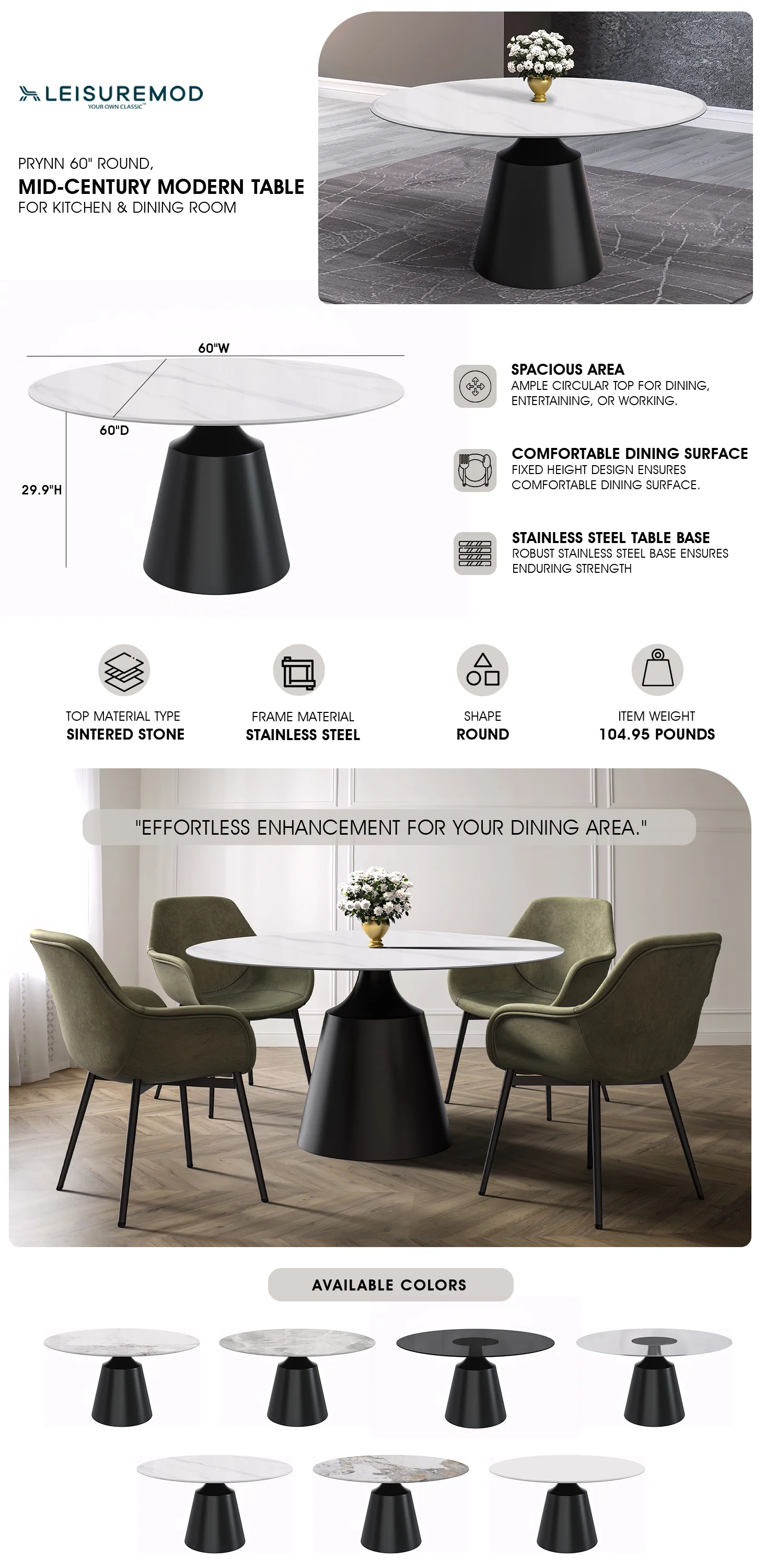 Prynn Series Round Dining Table Black Base with 60 Round White Sintered Stone Top