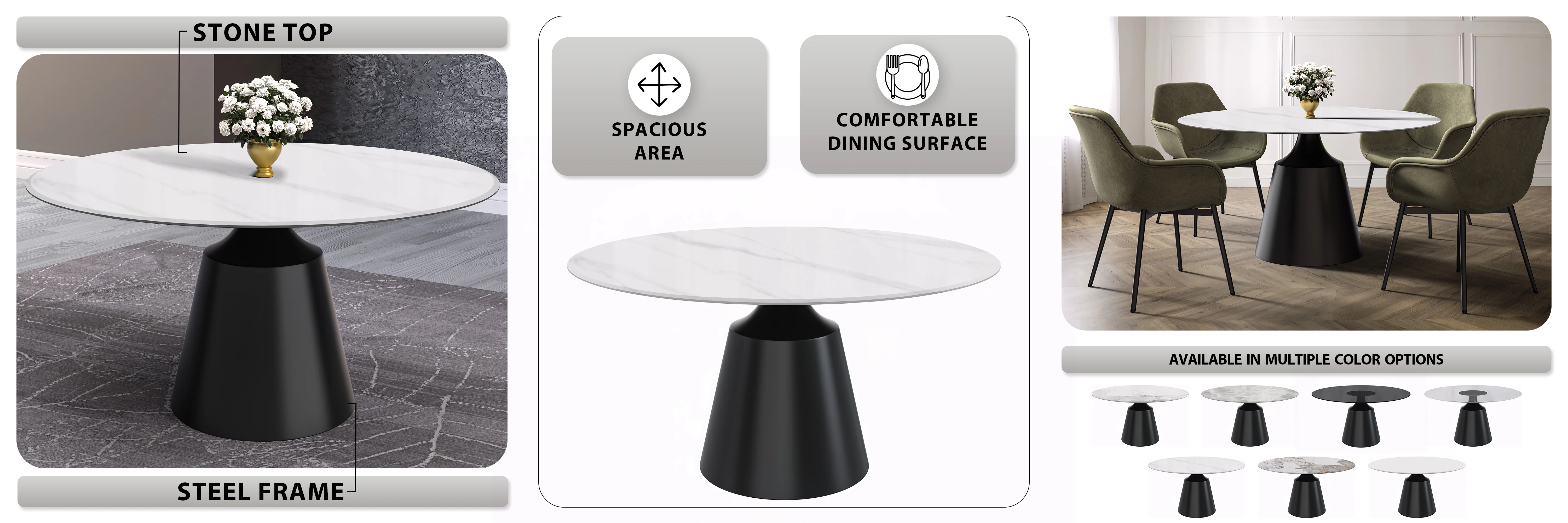 Prynn Series Round Dining Table Black Base with 60 Round White Sintered Stone Top