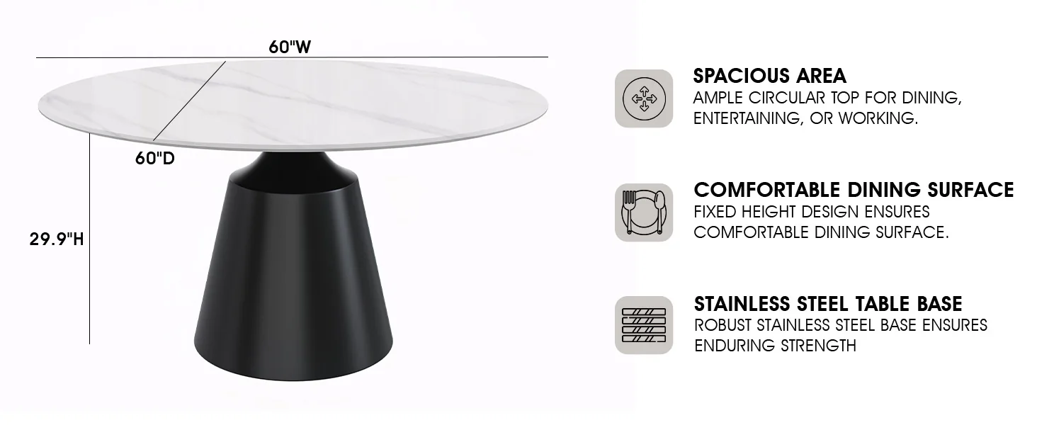 Prynn Series Round Dining Table Black Base with 60 Round White Sintered Stone Top