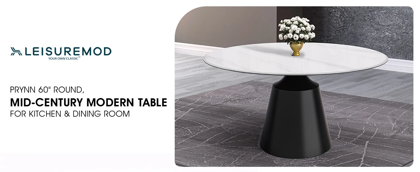 Prynn Series Round Dining Table Black Base with 60 Round White Sintered Stone Top
