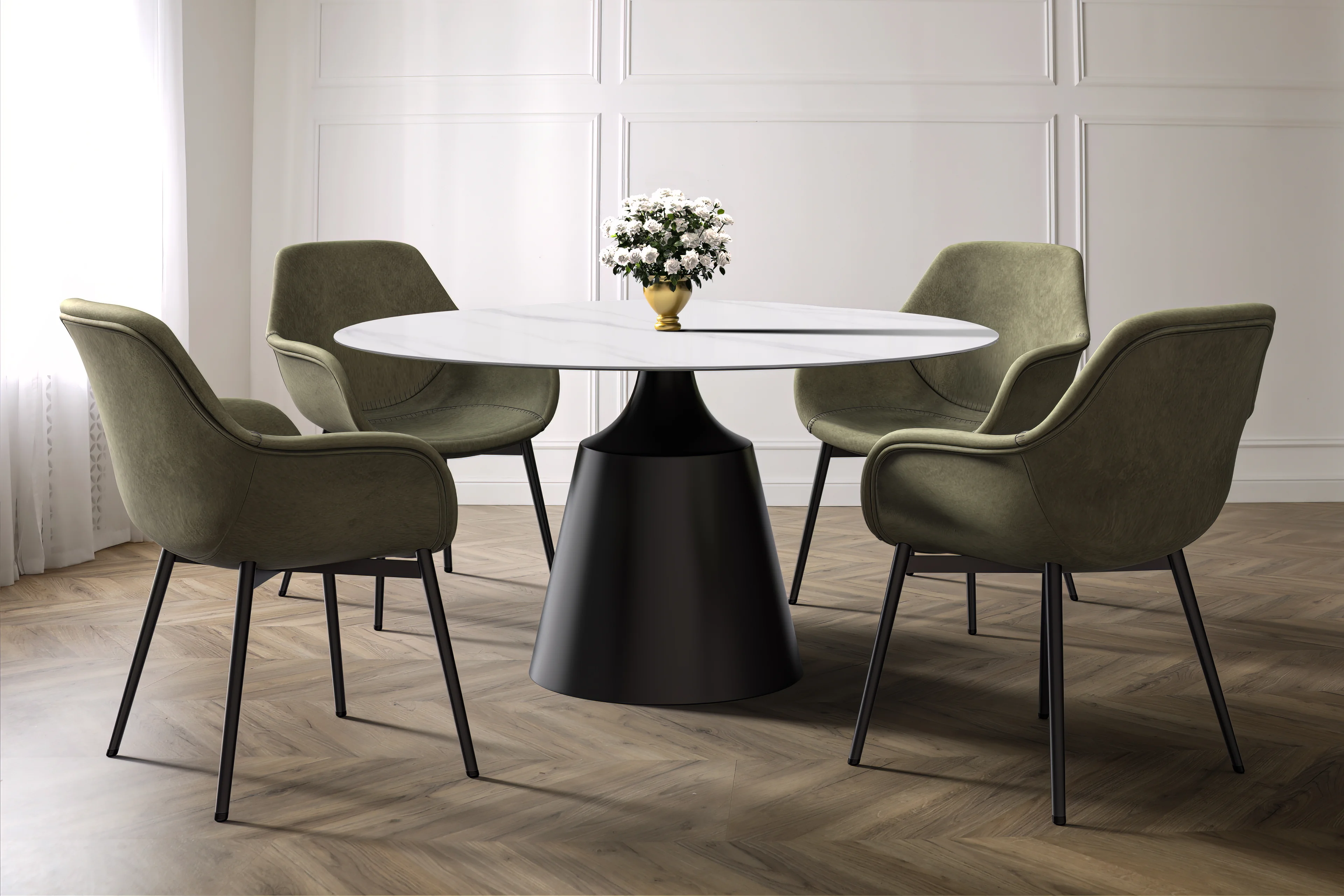 Prynn Series Round Dining Table Black Base with 60 Round White Sintered Stone Top