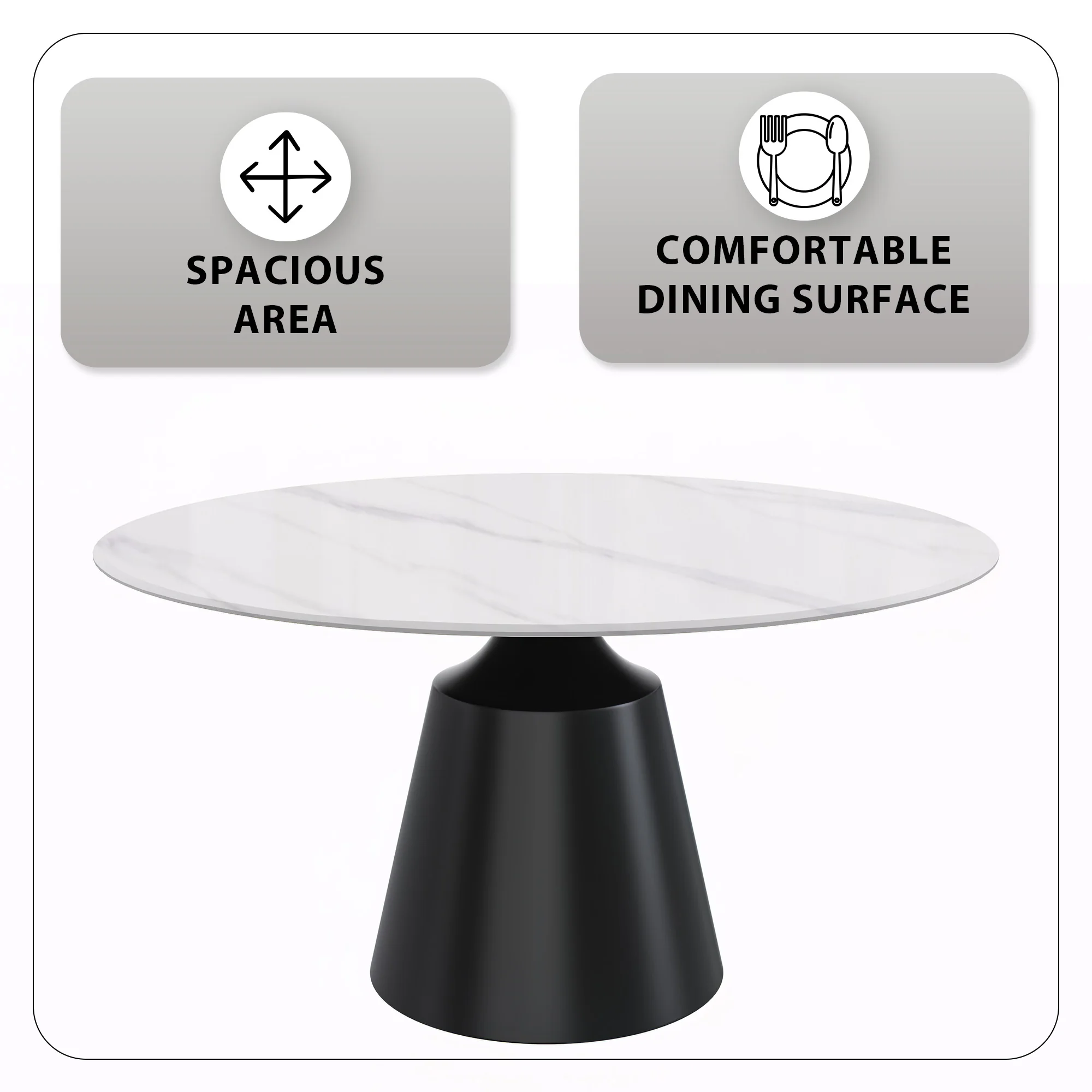 Prynn Series Round Dining Table Black Base with 60 Round White Sintered Stone Top