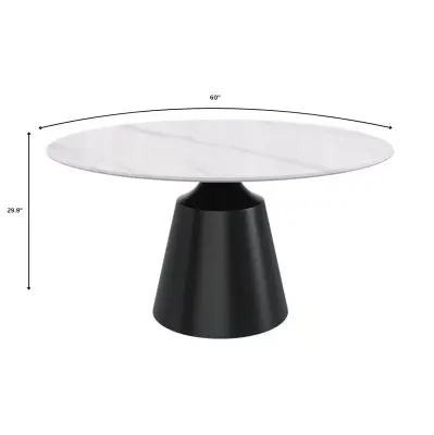 Prynn Series Round Dining Table Black Base with 60 Round White Sintered Stone Top