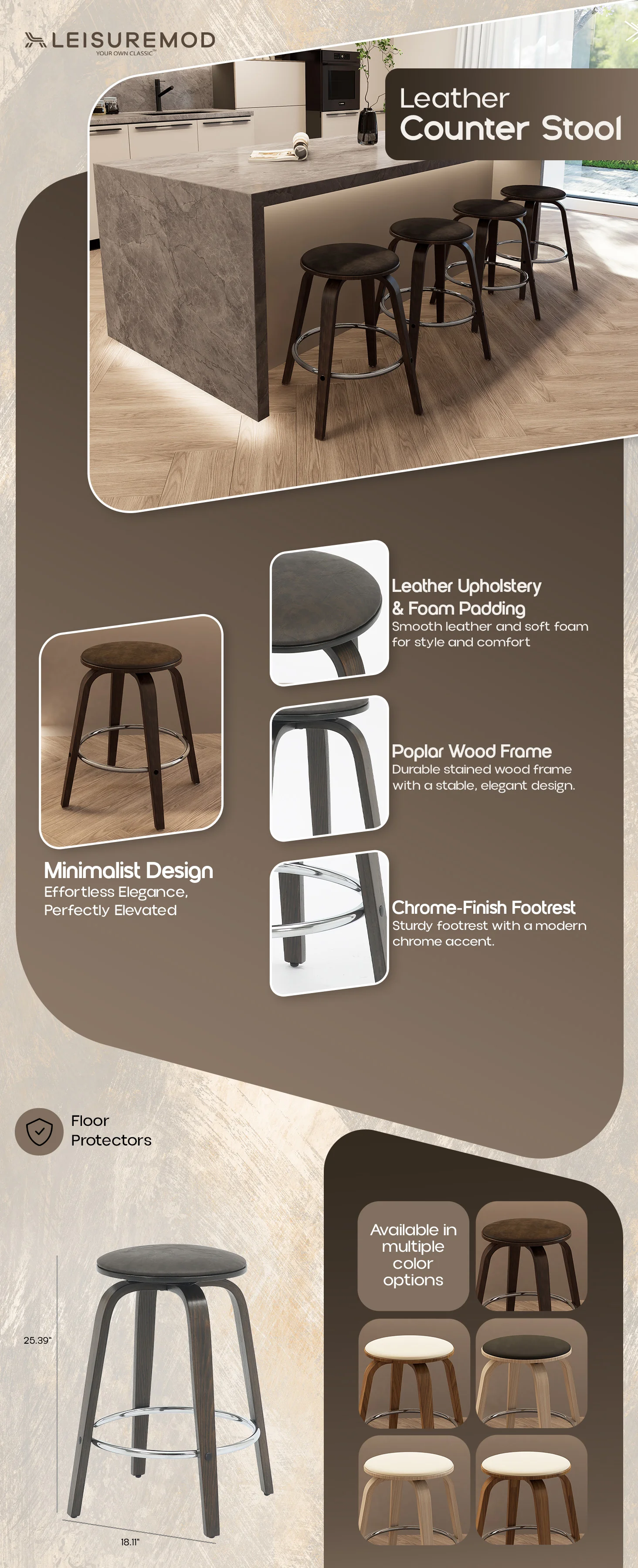 Wooden Counter Stool Pelya Collection Modern Style Walnut Glazed color in Brown