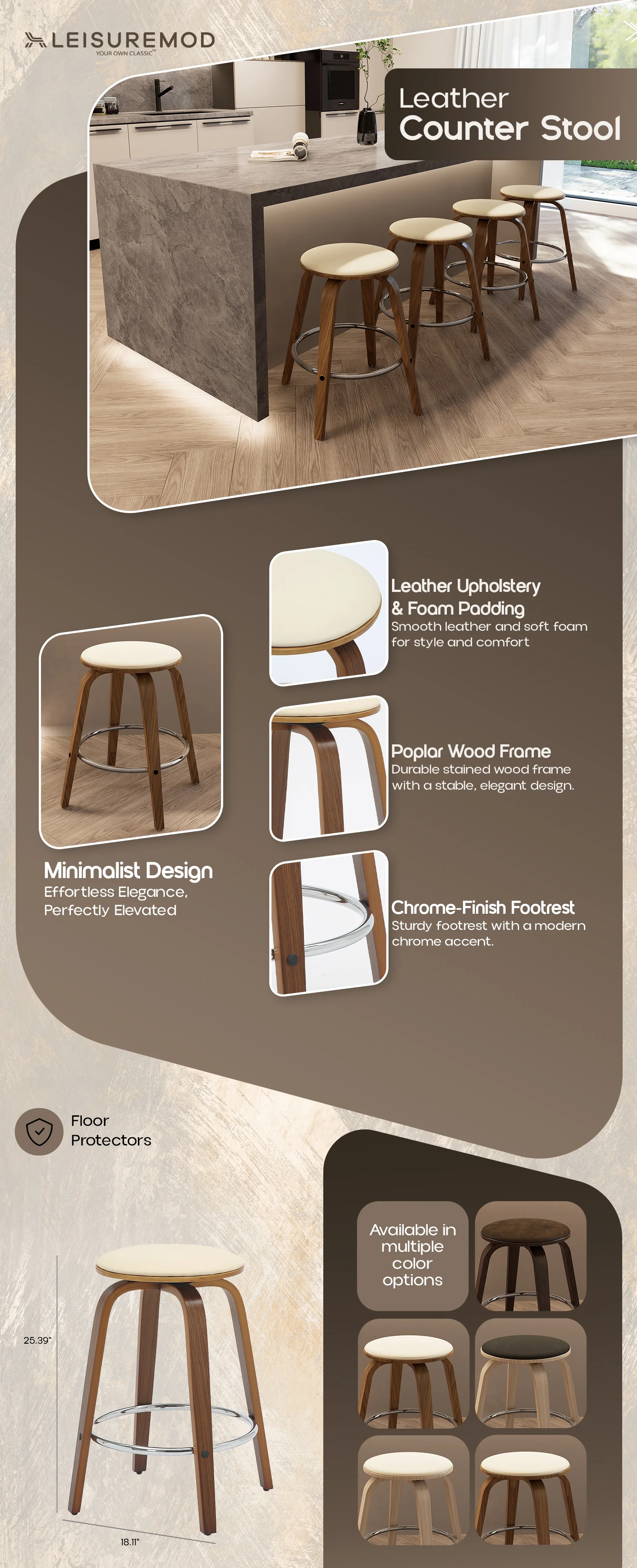 Wooden Counter Stool Pelya Collection Modern Style Walnut color in Cream