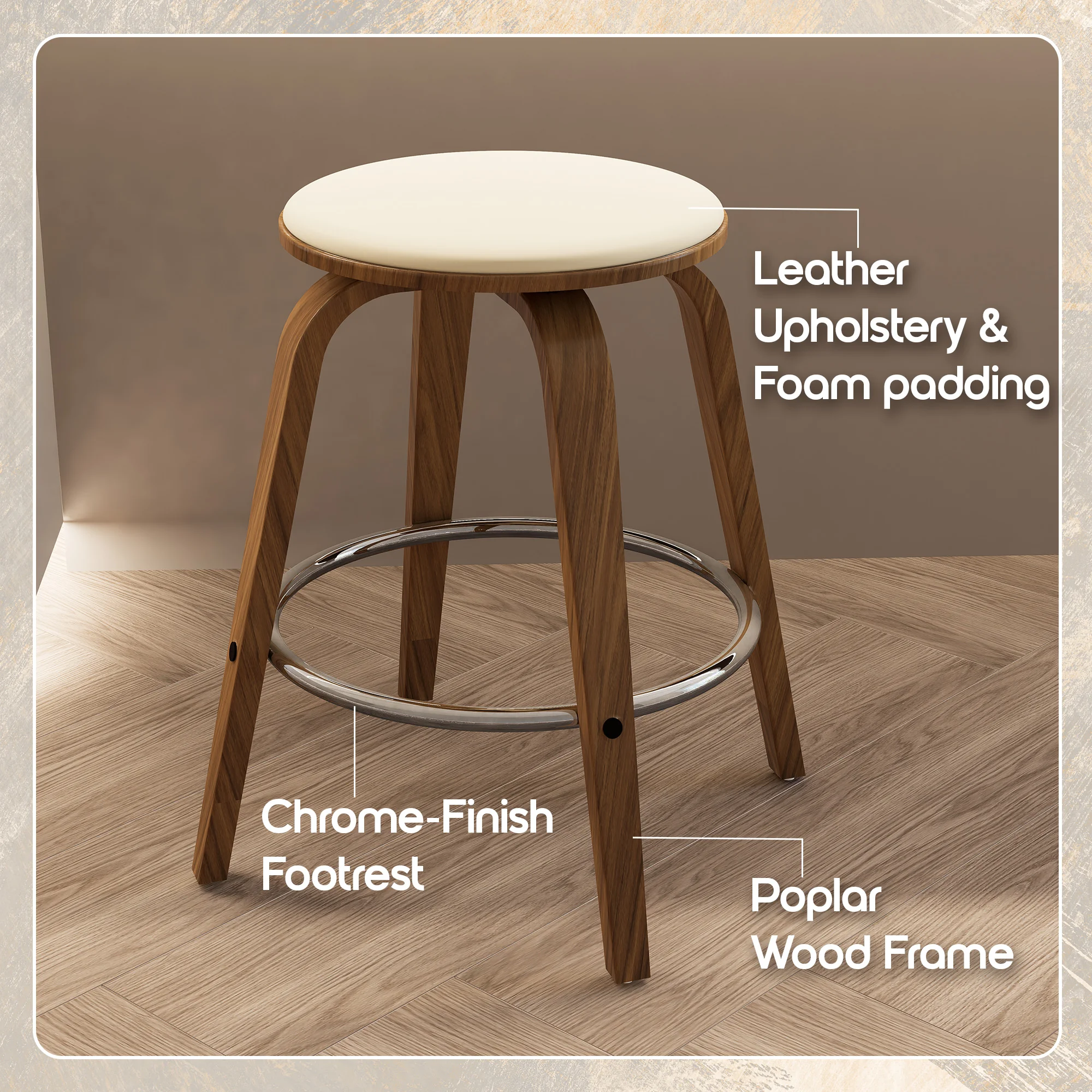 Wooden Counter Stool Pelya Collection Modern Style Walnut color in Cream
