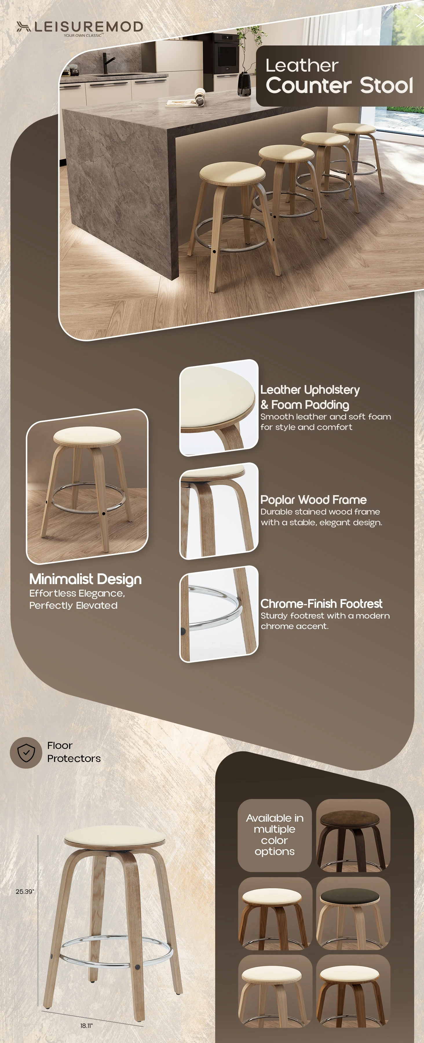 Wooden Counter Stool Pelya Collection Modern Style Washed Walnut color in Taupe