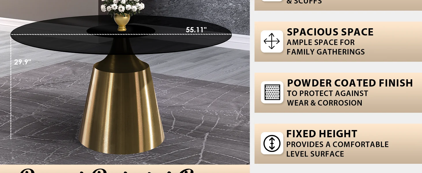 Prynn Series Round Dining Table Gold Base with 60 Round BLack Glass Top