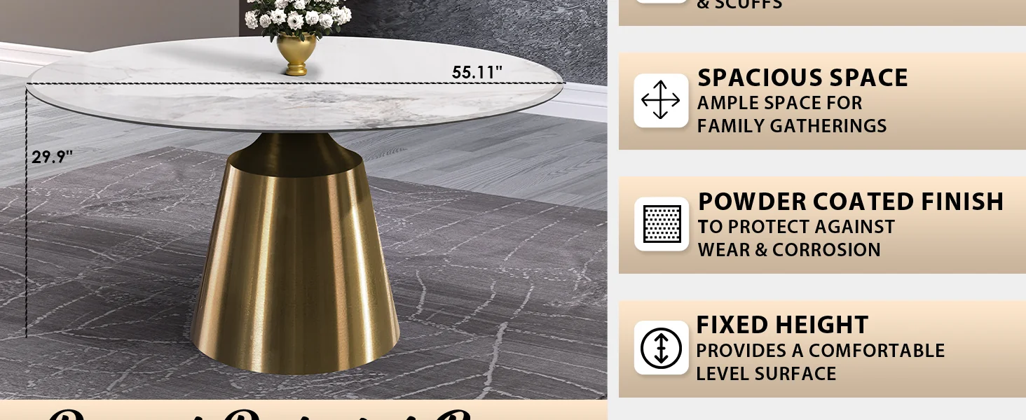 Prynn Series Round Dining Table Gold Base with 60 Round White Grey Sintered Stone Top