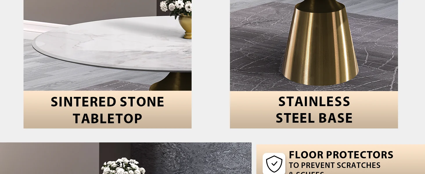 Prynn Series Round Dining Table Gold Base with 60 Round White Grey Sintered Stone Top