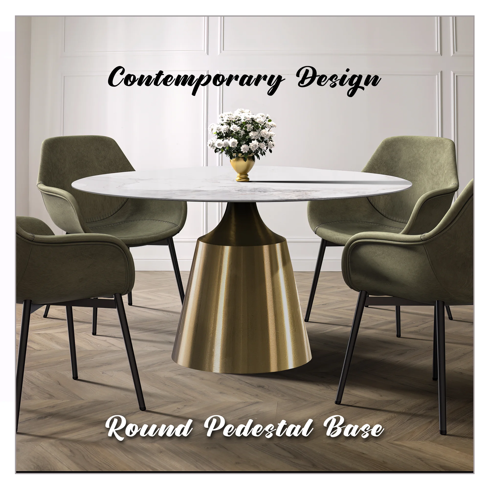 Prynn Series Round Dining Table Gold Base with 60 Round White Grey Sintered Stone Top