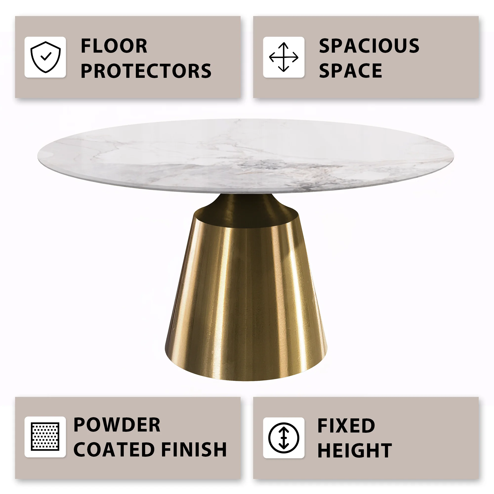 Prynn Series Round Dining Table Gold Base with 60 Round White Grey Sintered Stone Top