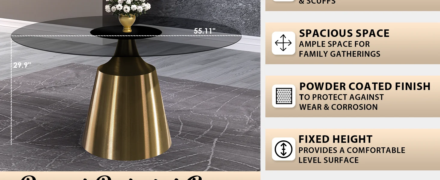 Prynn Series Round Dining Table Gold Base with 60 Round Clear Glass Top