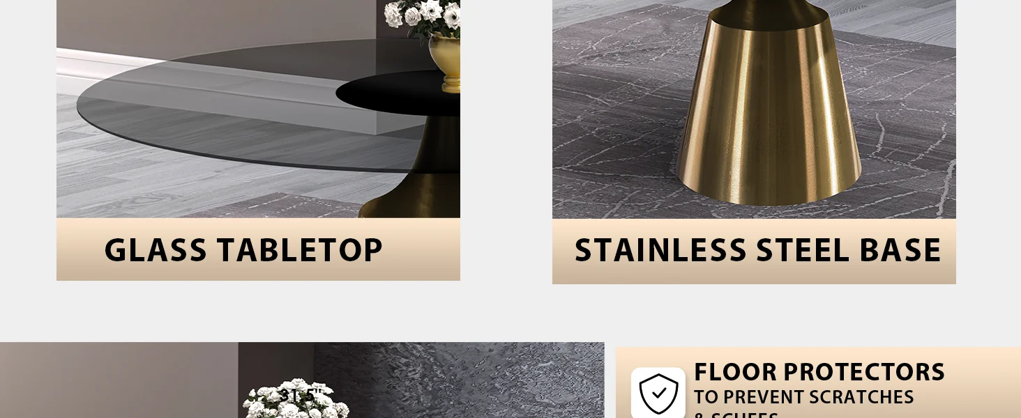 Prynn Series Round Dining Table Gold Base with 60 Round Clear Glass Top