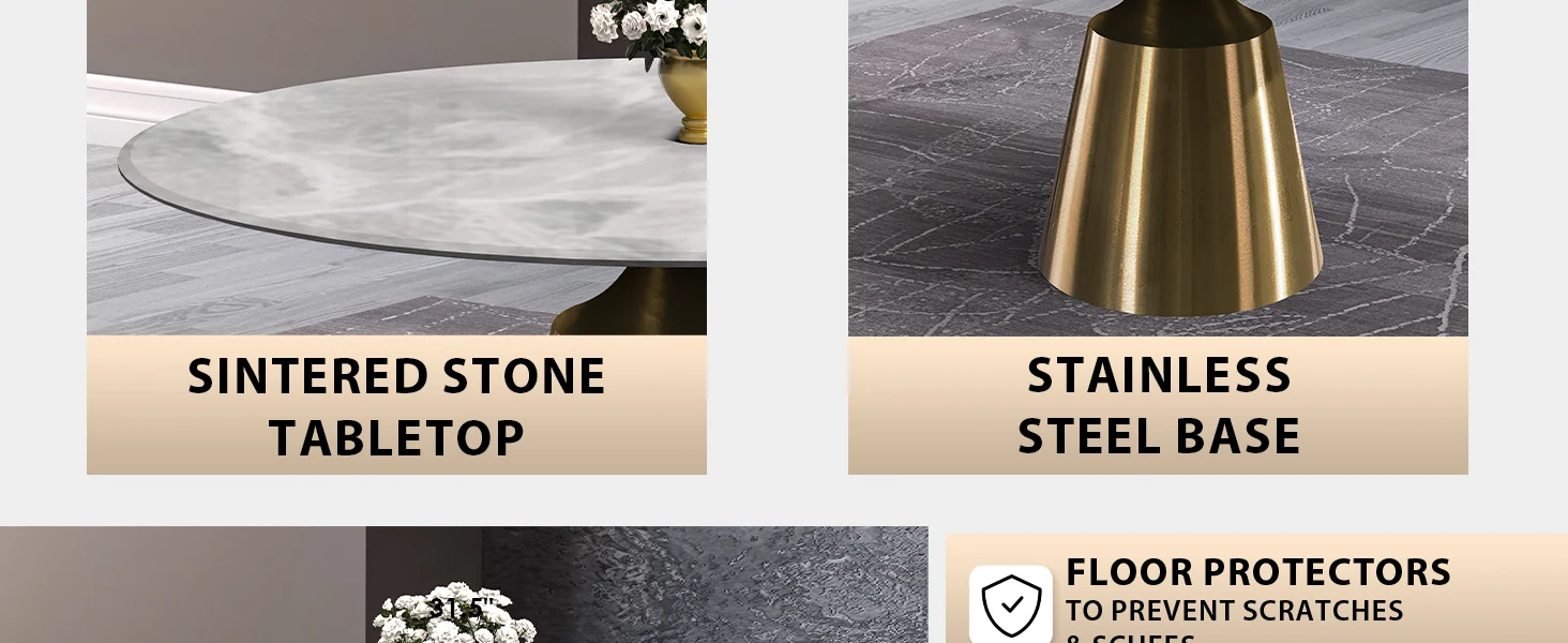 Prynn Series Round Dining Table Gold Base with 60 Round Light Grey Sintered Stone Top