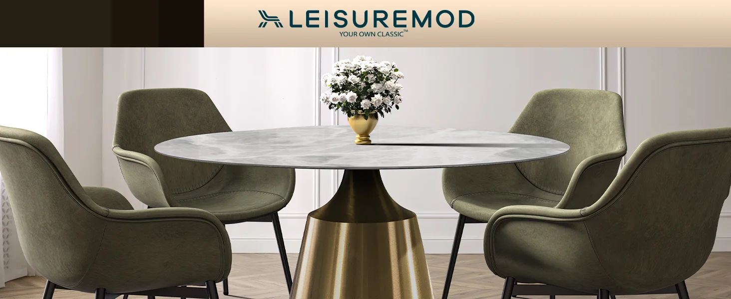 Prynn Series Round Dining Table Gold Base with 60 Round Light Grey Sintered Stone Top