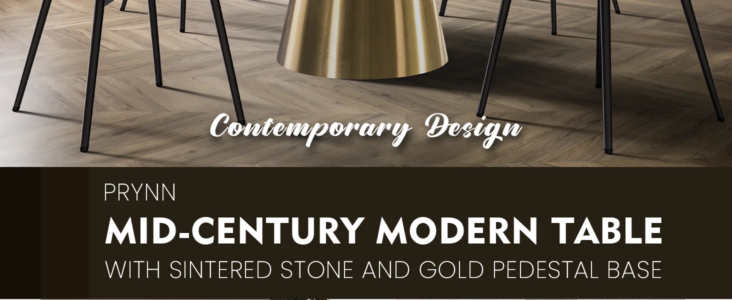 Prynn Series Round Dining Table Gold Base with 60 Round Light Grey Sintered Stone Top