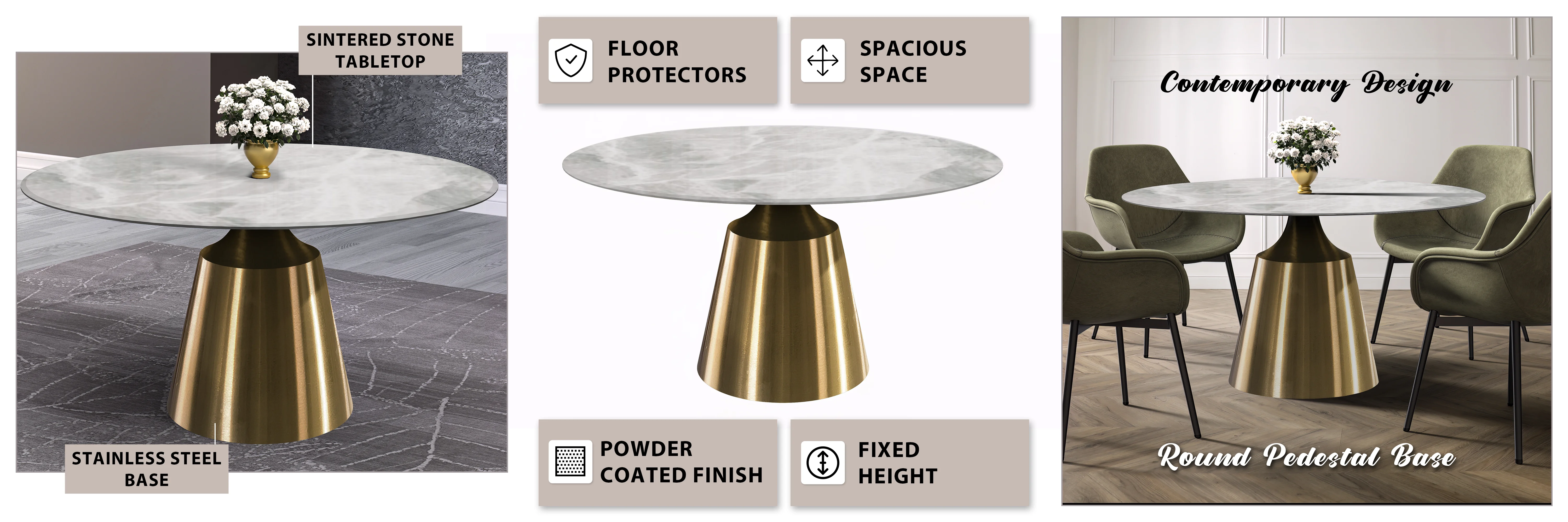 Prynn Series Round Dining Table Gold Base with 60 Round Light Grey Sintered Stone Top