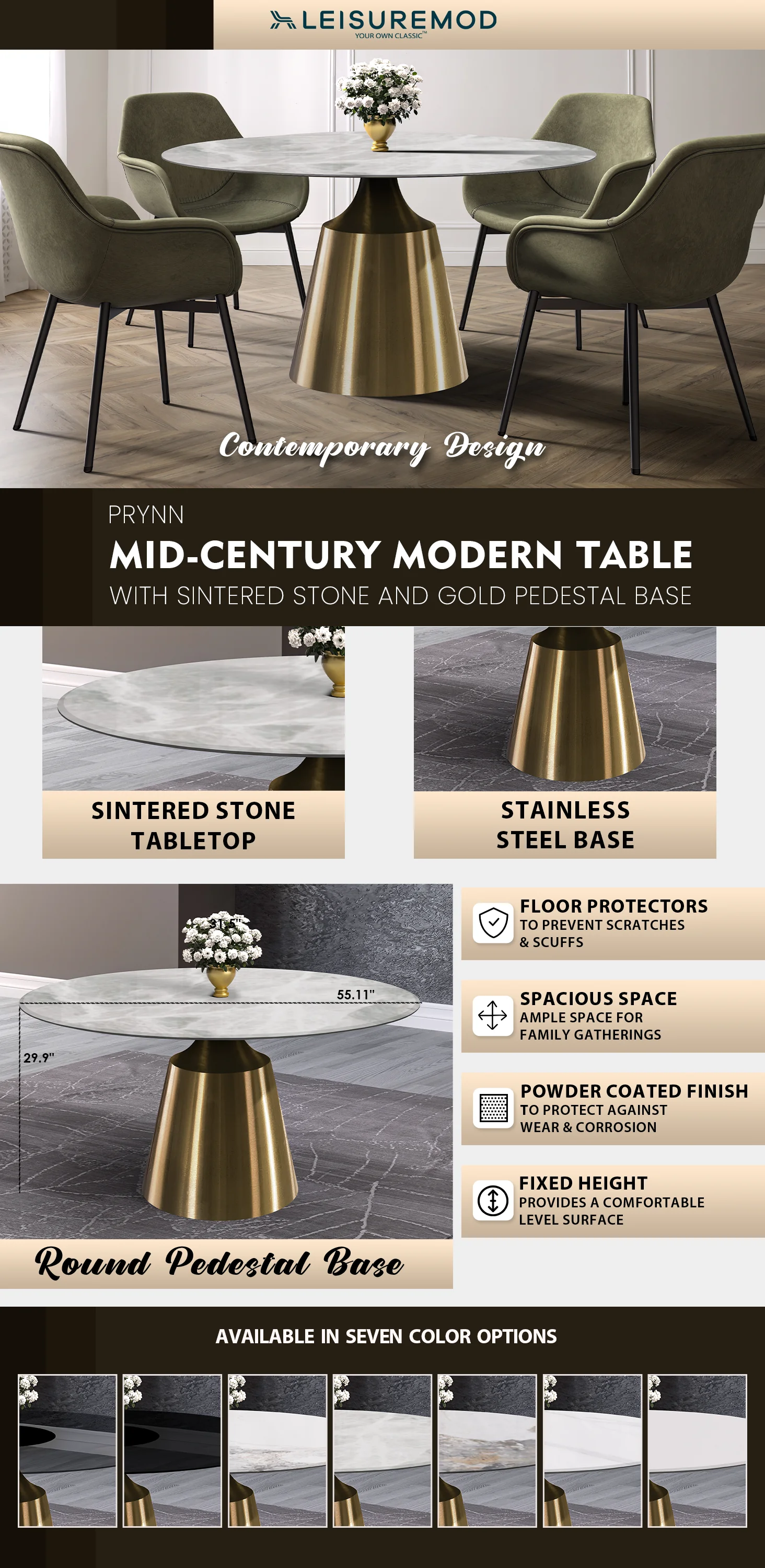Prynn Series Round Dining Table Gold Base with 60 Round Light Grey Sintered Stone Top
