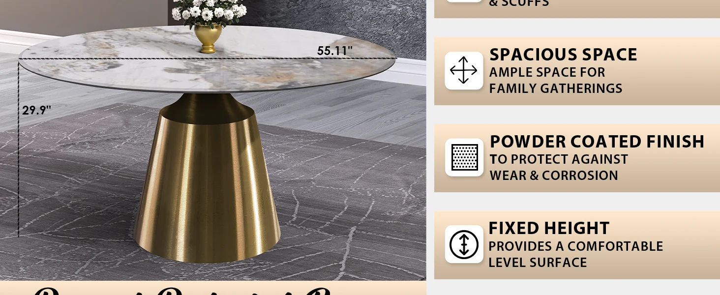 Prynn Series Round Dining Table Gold Base with 60 Round Medium Grey Sintered Stone Top