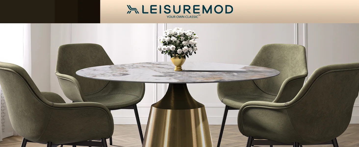 Prynn Series Round Dining Table Gold Base with 60 Round Medium Grey Sintered Stone Top