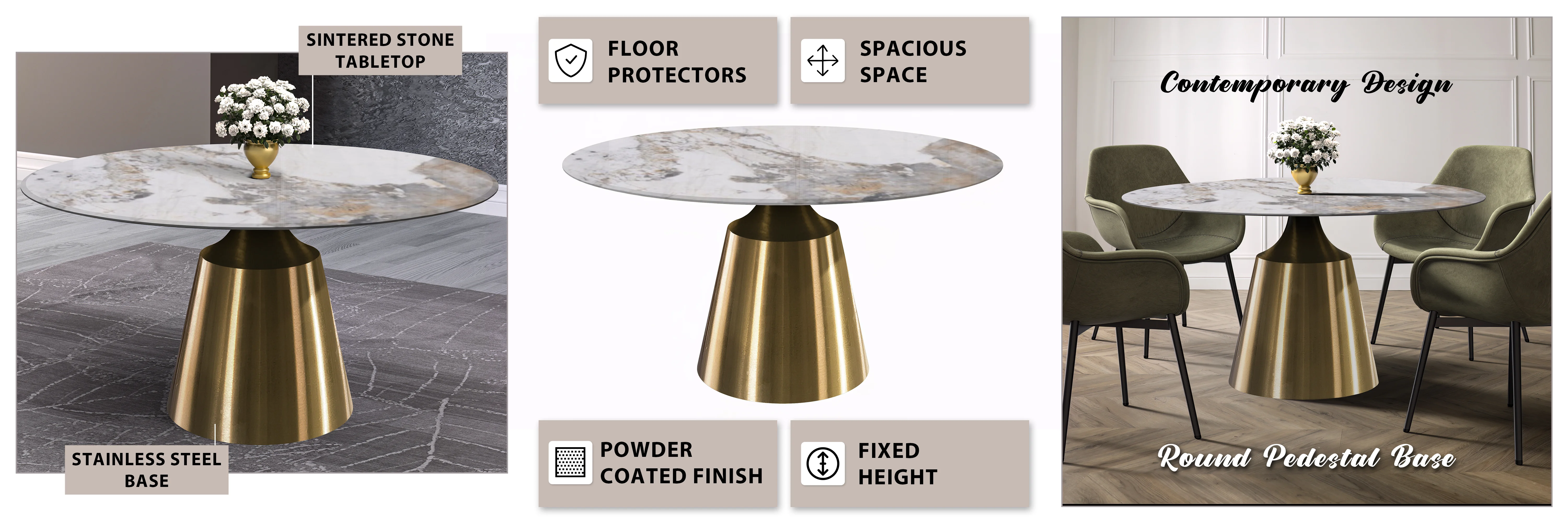 Prynn Series Round Dining Table Gold Base with 60 Round Medium Grey Sintered Stone Top