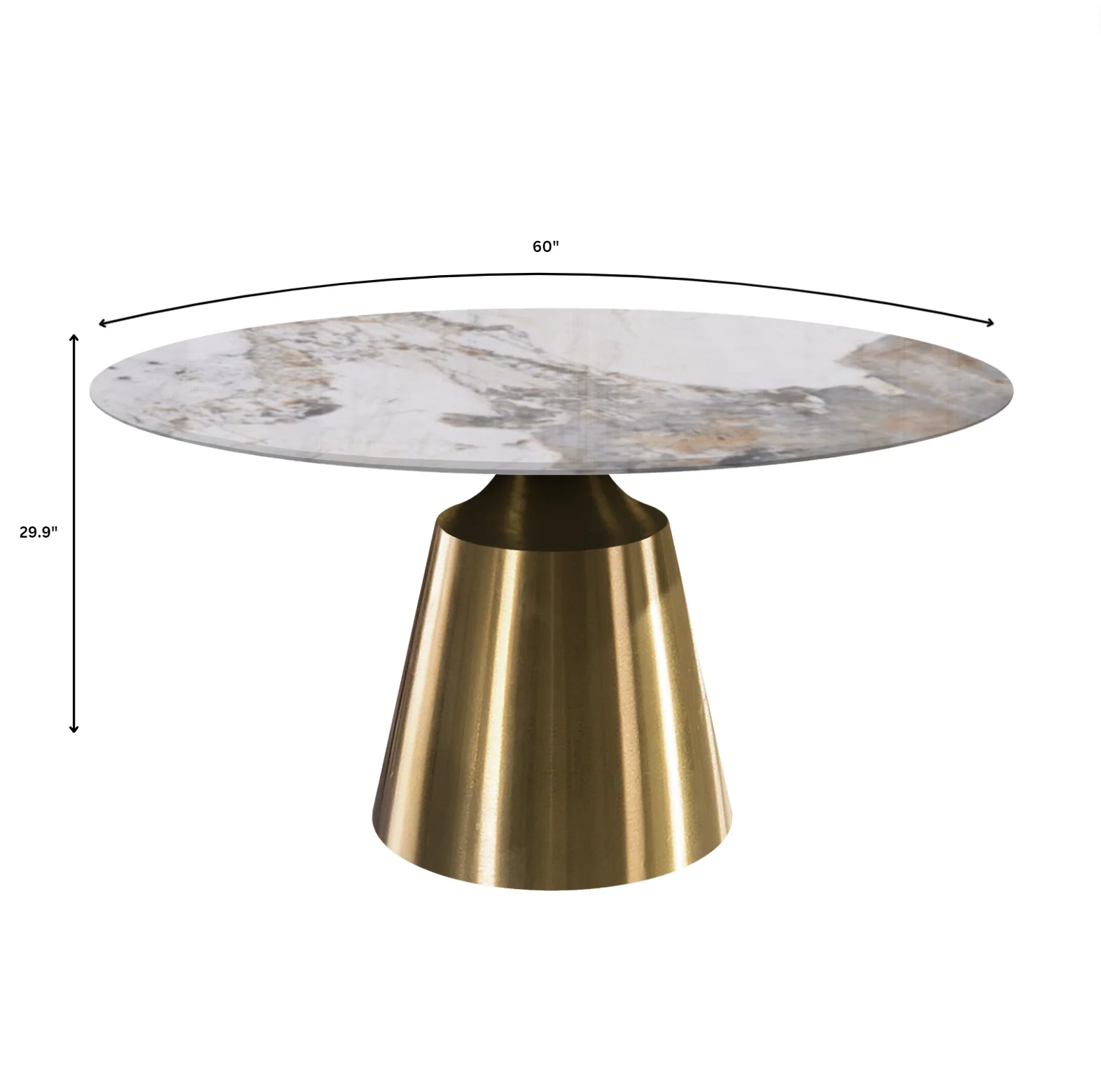 Prynn Series Round Dining Table Gold Base with 60 Round Medium Grey Sintered Stone Top