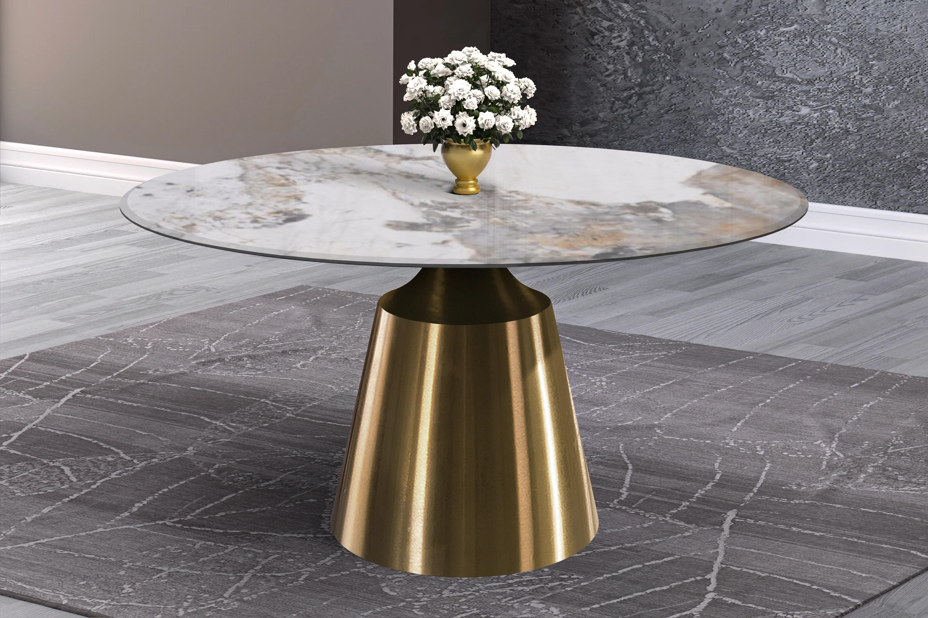 Prynn Series Round Dining Table Gold Base with 60 Round Medium Grey Sintered Stone Top