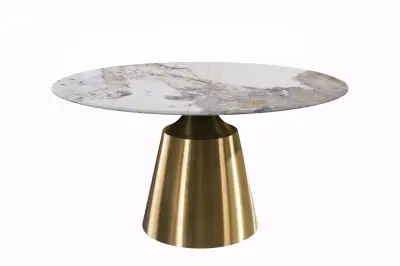 Prynn Series Round Dining Table Gold Base with 60 Round Medium Grey Sintered Stone Top