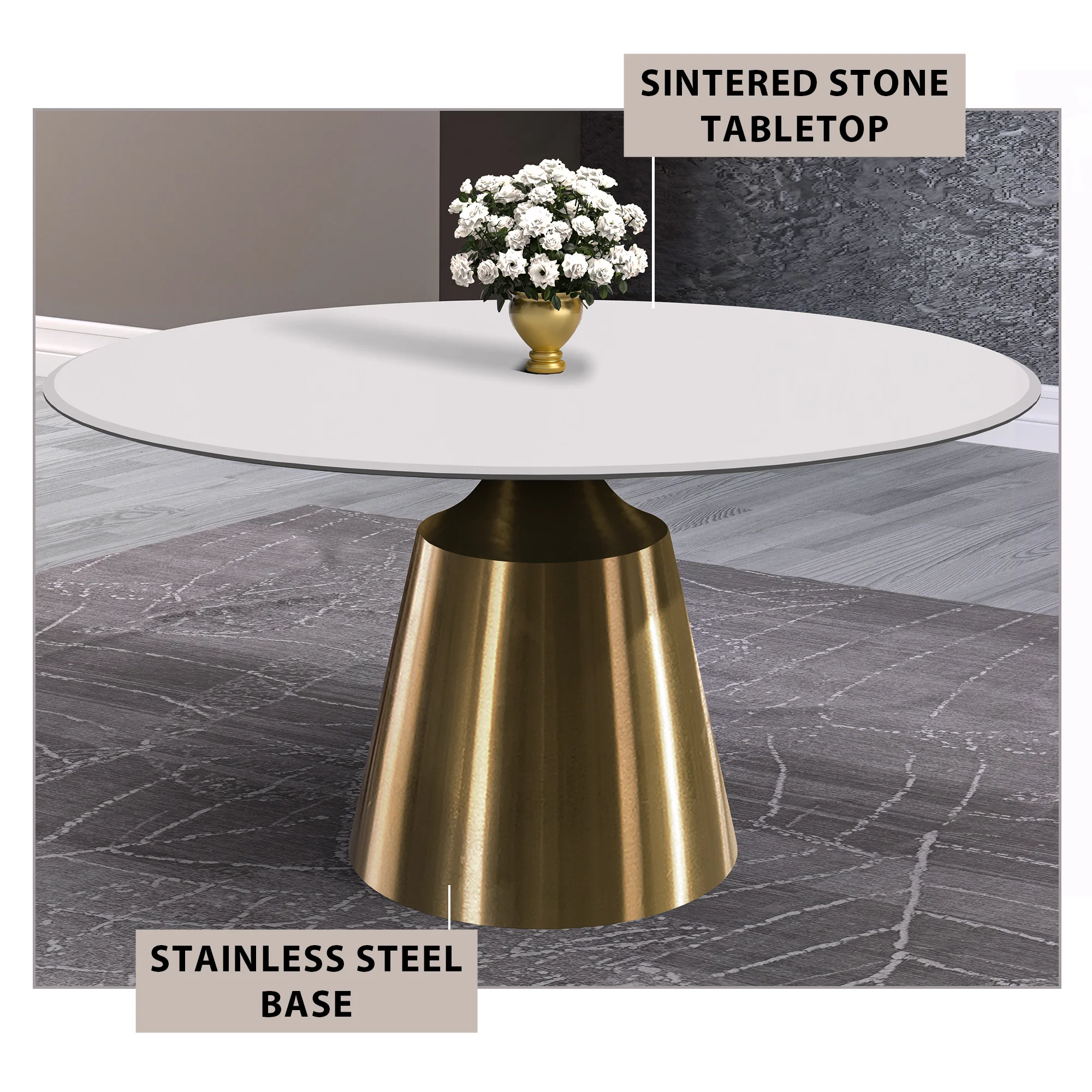 Prynn Series Round Dining Table Gold Base with 60 Round Solid White Sintered Stone Top
