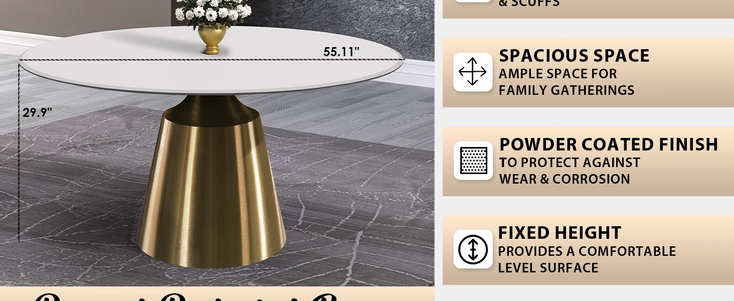 Prynn Series Round Dining Table Gold Base with 60 Round Solid White Sintered Stone Top
