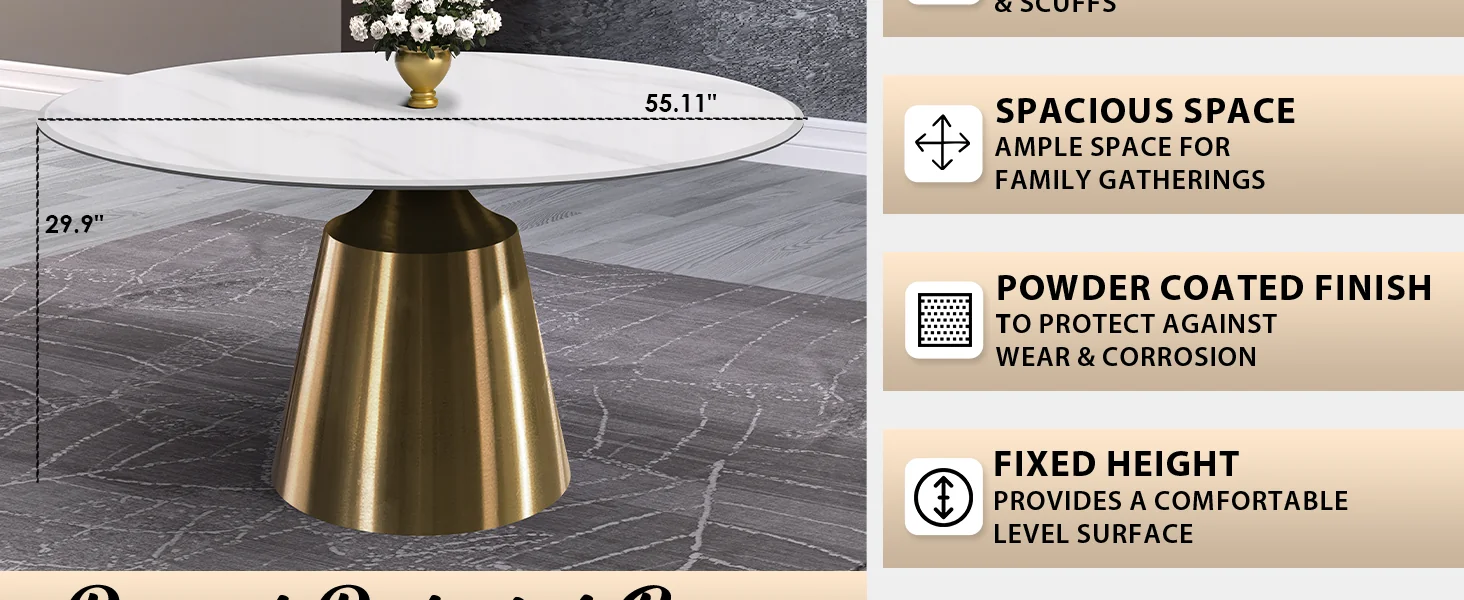 Prynn Series Round Dining Table Gold Base with 60 Round White Sintered Stone Top