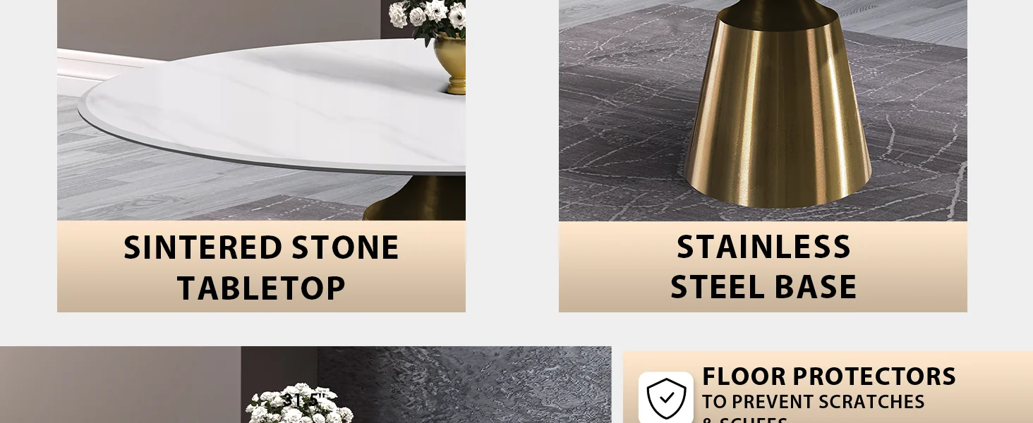 Prynn Series Round Dining Table Gold Base with 60 Round White Sintered Stone Top