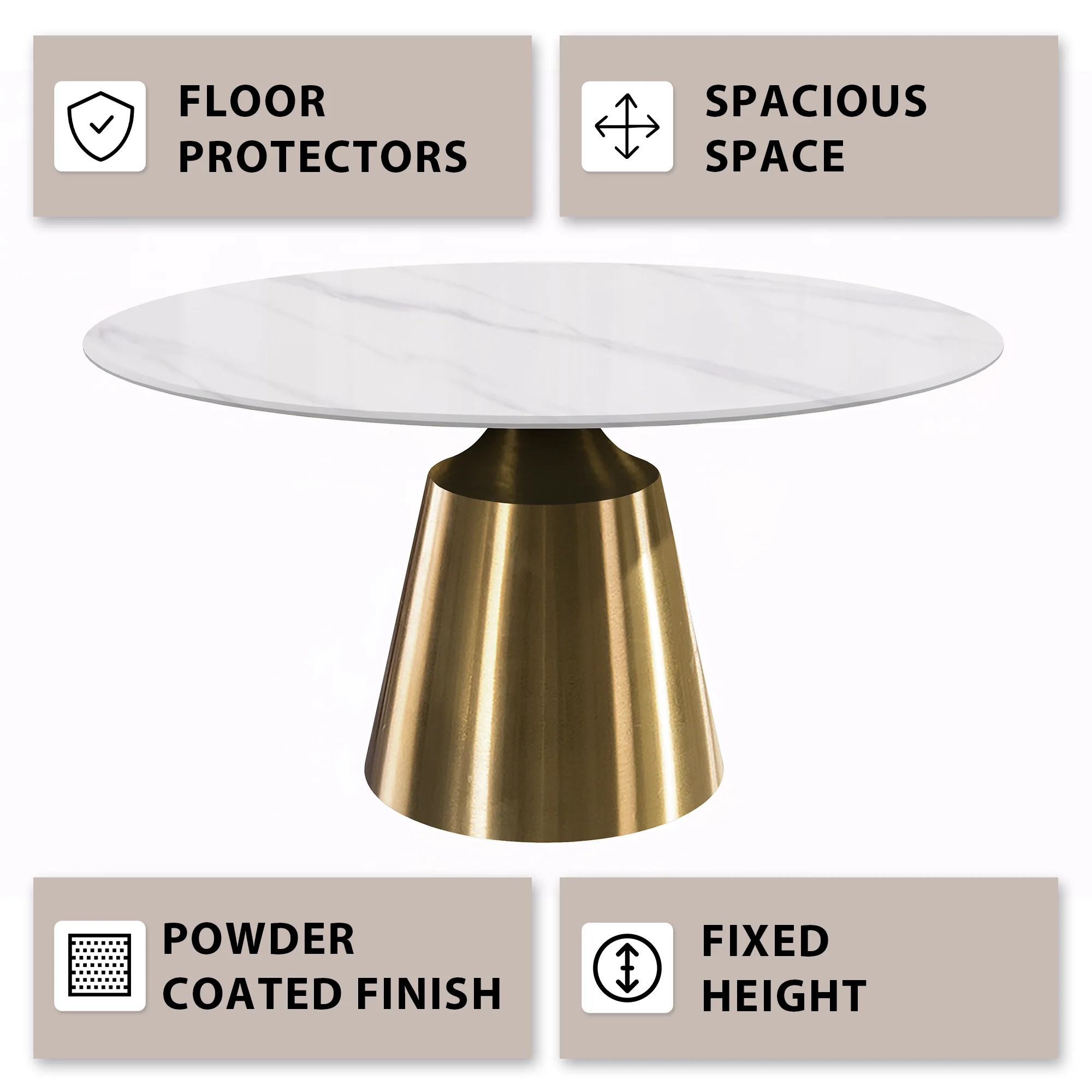 Prynn Series Round Dining Table Gold Base with 60 Round White Sintered Stone Top