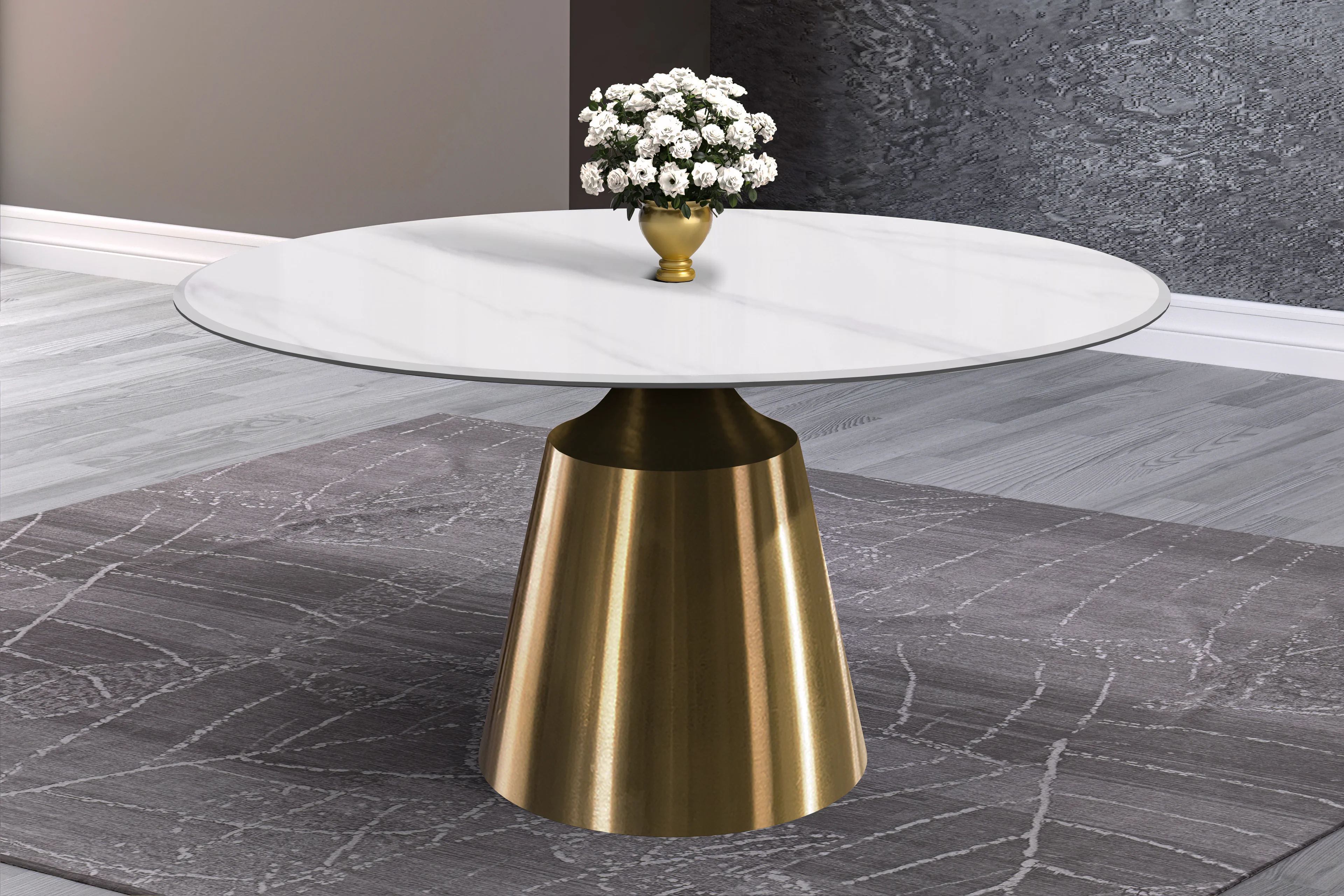 Prynn Series Round Dining Table Gold Base with 60 Round White Sintered Stone Top
