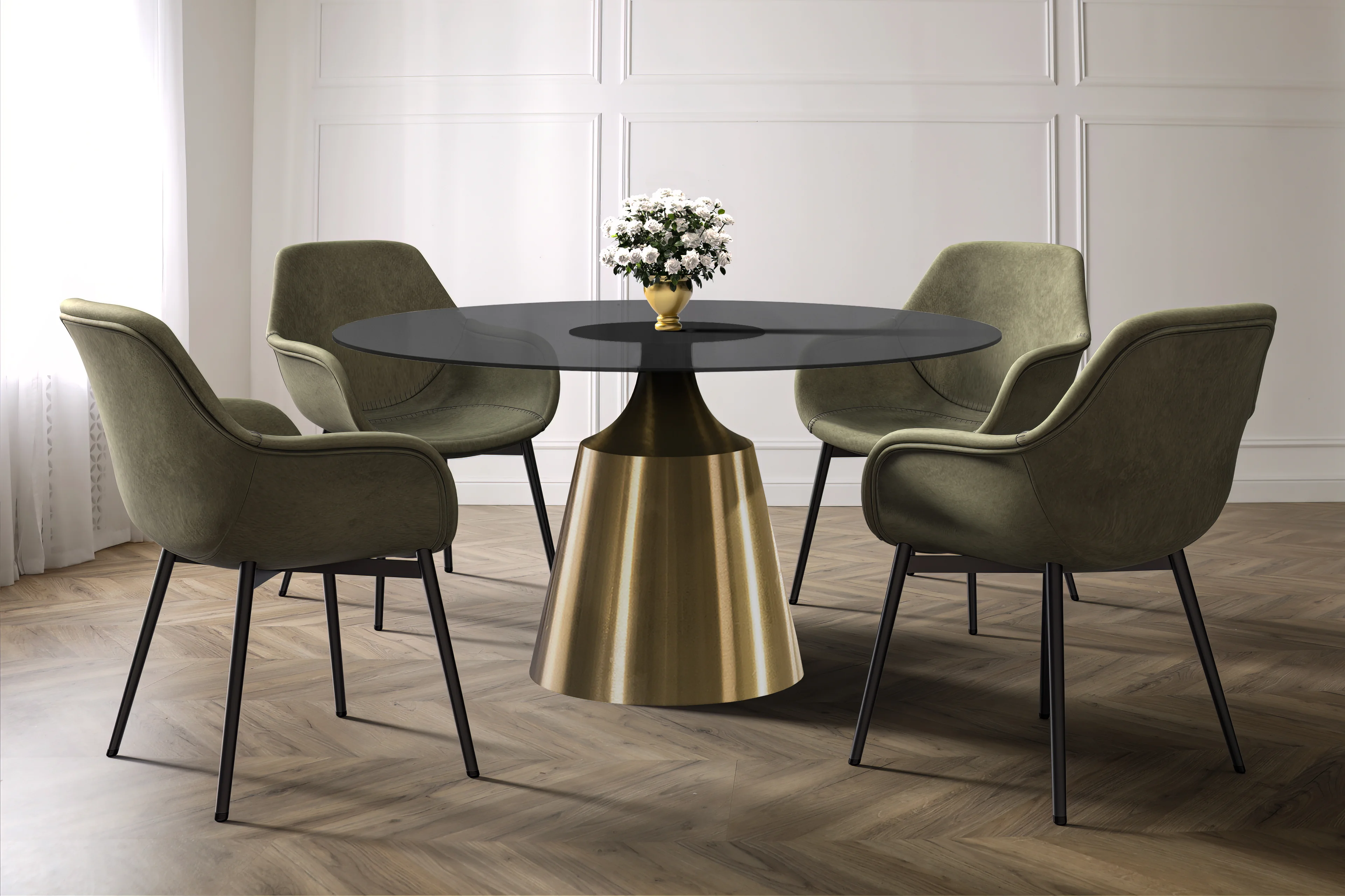 Prynn Series Round Dining Table Gold Base with 71 Round BLack Glass Top
