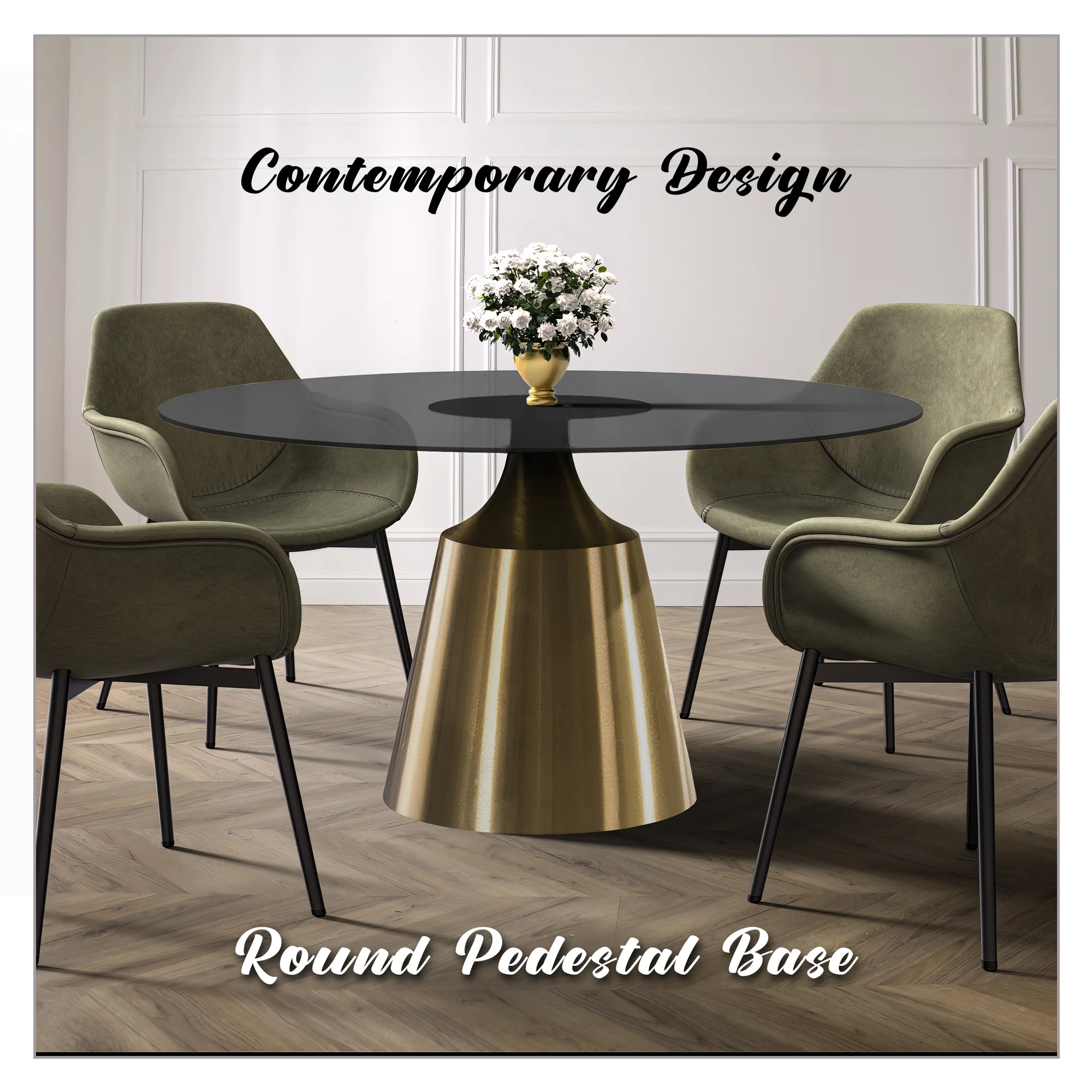 Prynn Series Round Dining Table Gold Base with 71 Round BLack Glass Top