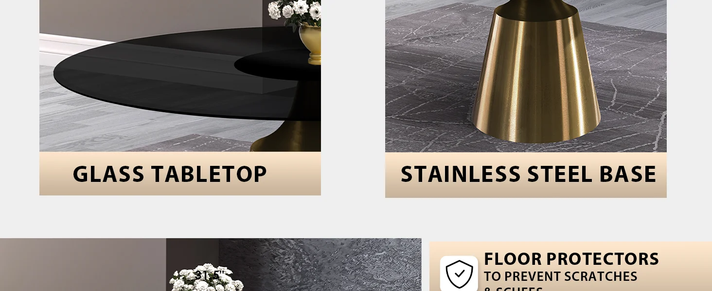 Prynn Series Round Dining Table Gold Base with 71 Round BLack Glass Top