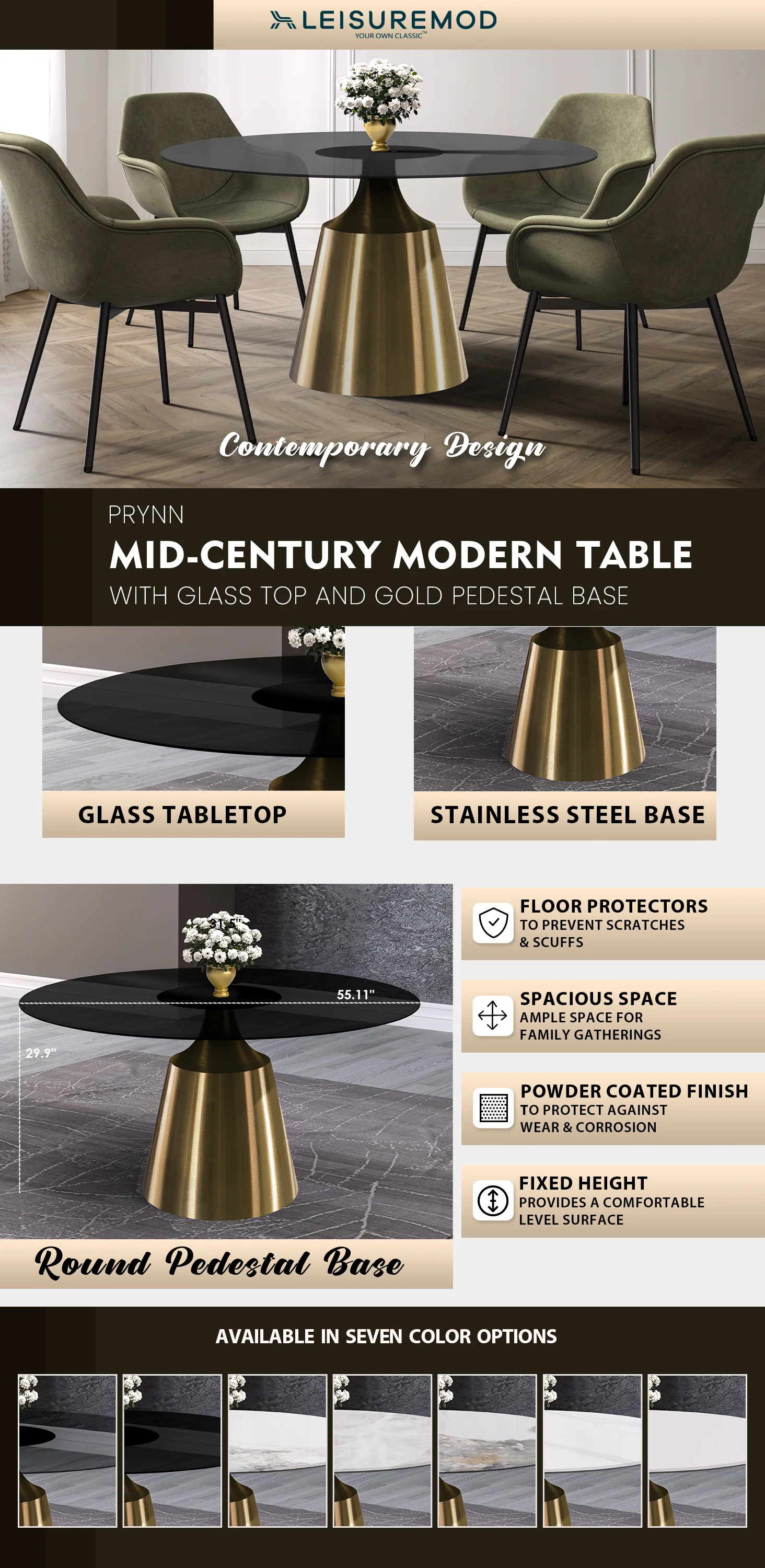 Prynn Series Round Dining Table Gold Base with 71 Round BLack Glass Top