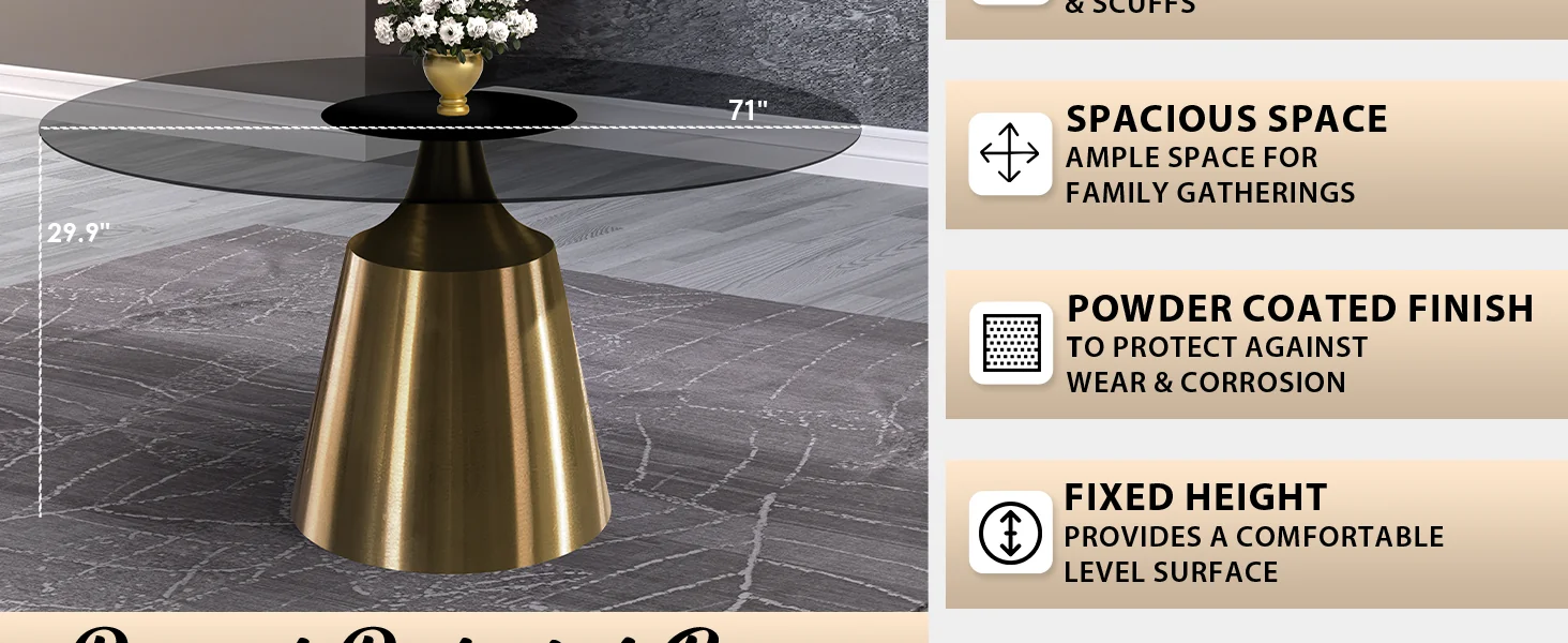 Prynn Series Round Dining Table Gold Base with 71 Round Clear Glass Top