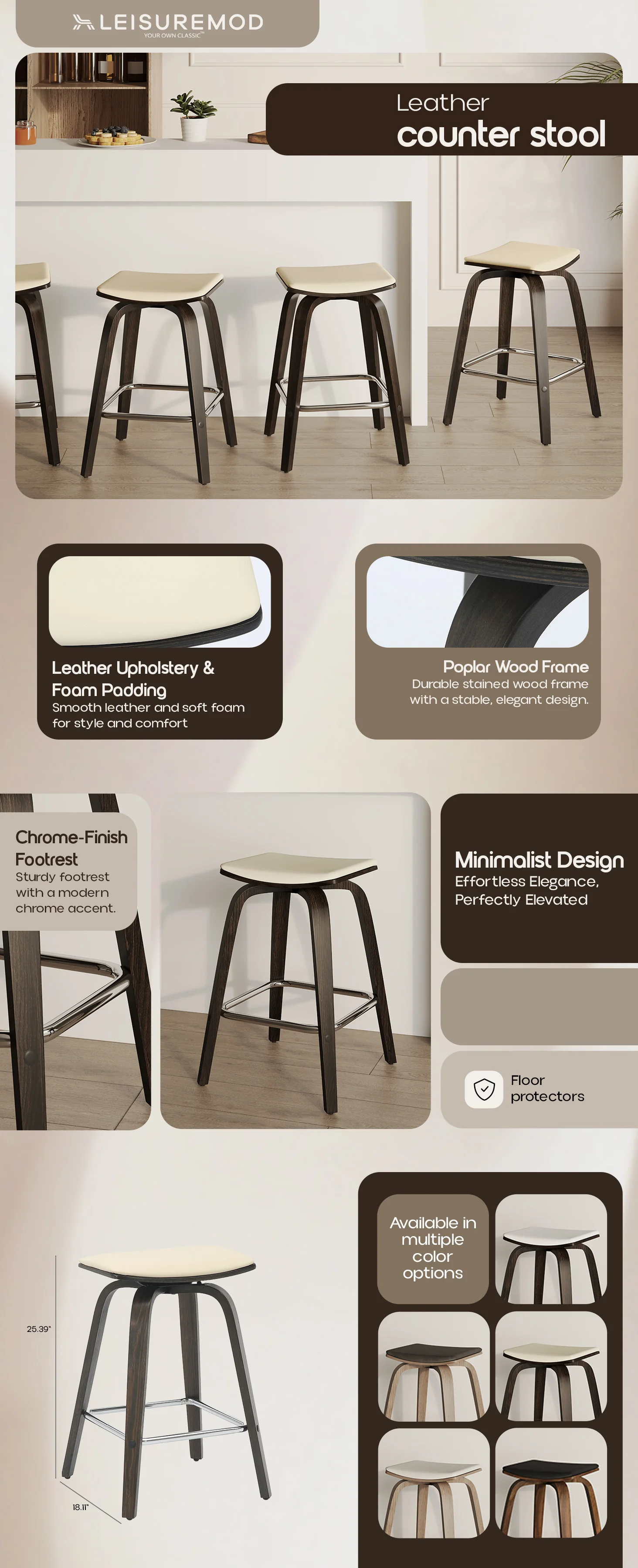 Wooden Counter Stool Square Seat Pelya Collection Modern Style Dark Walnut color in Taupe