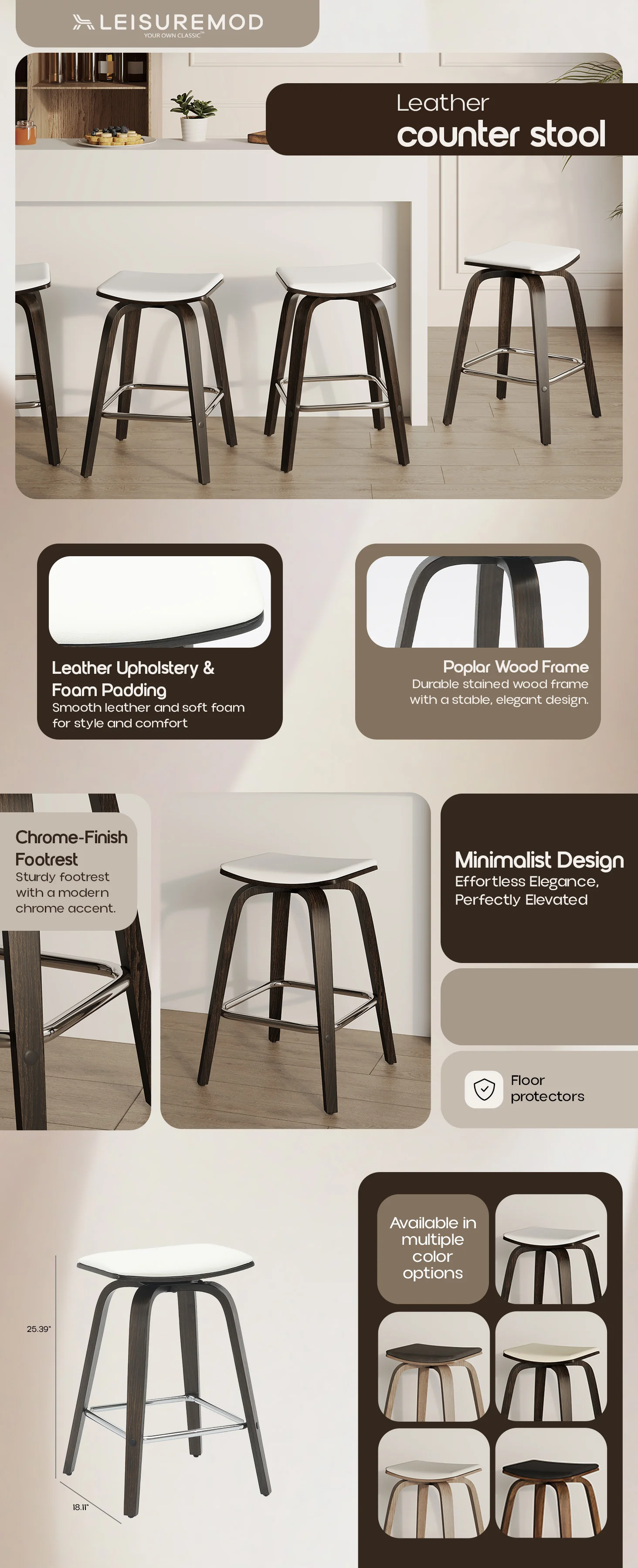 Wooden Counter Stool Square Seat Pelya Collection Modern Style Dark Walnut color in White