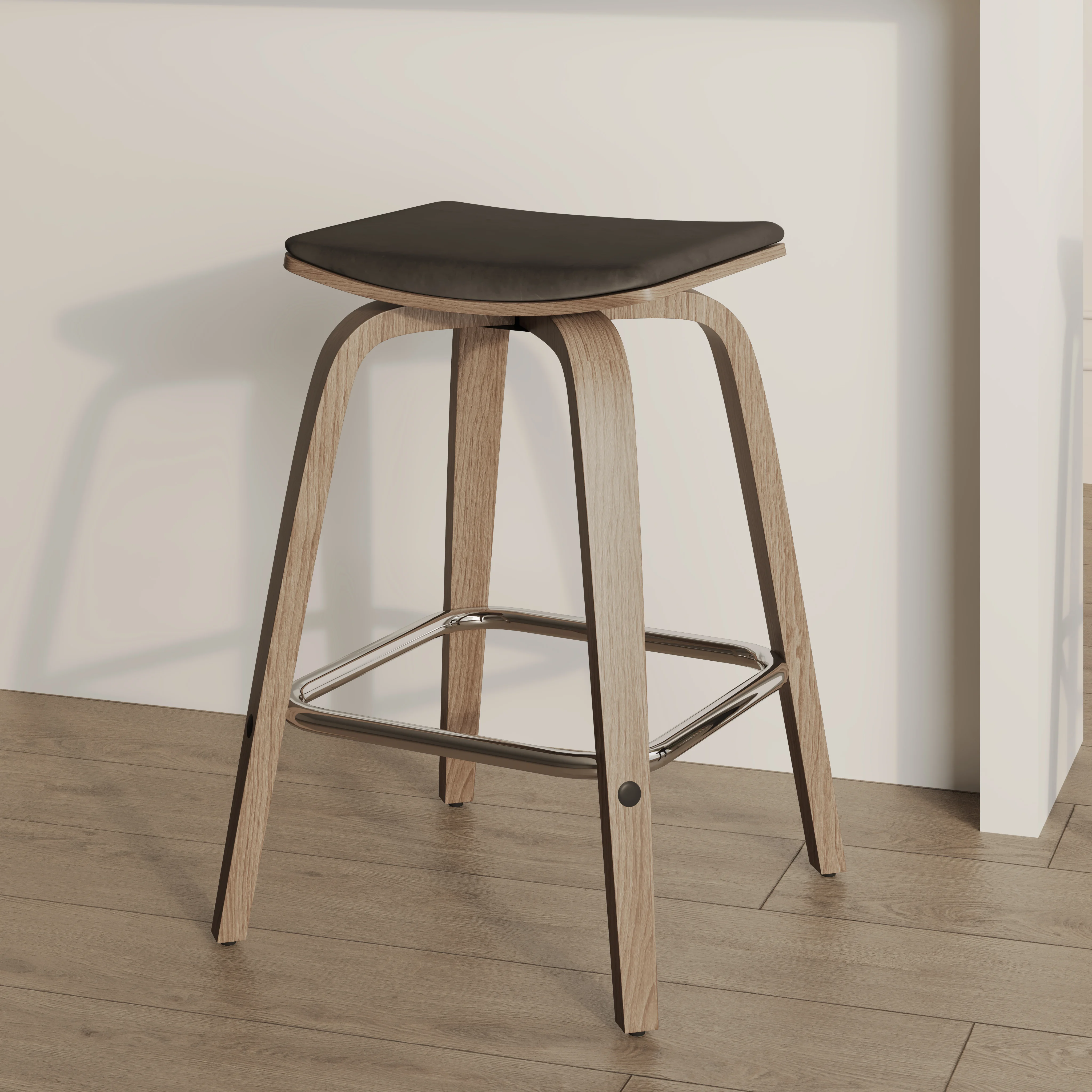 Wooden Counter Stool Square Seat Pelya Collection Modern Style Washed Walnut color in Brown