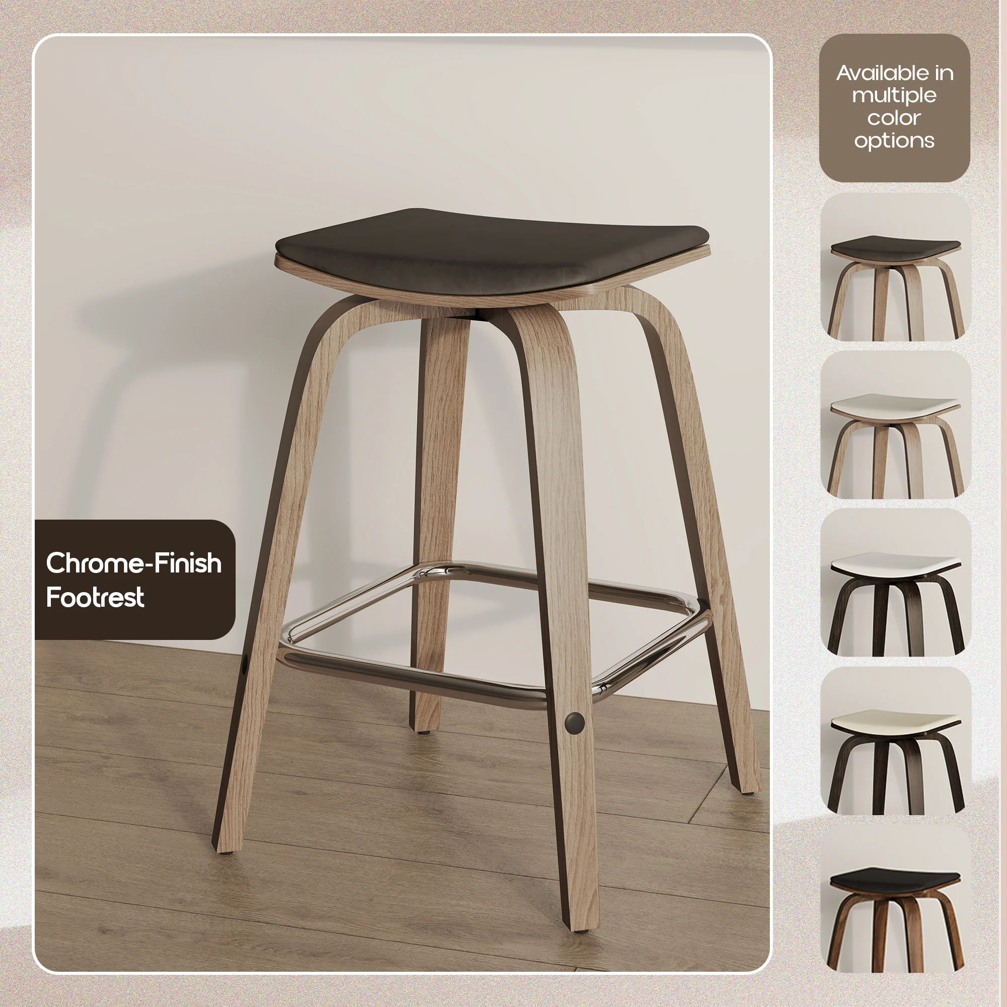 Wooden Counter Stool Square Seat Pelya Collection Modern Style Washed Walnut color in Brown